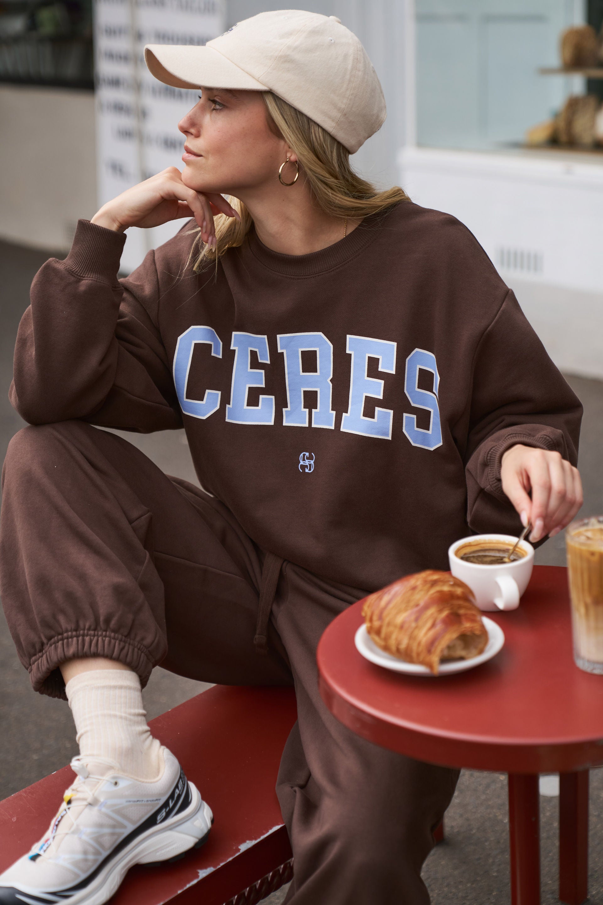 Isla Oversized Slouchy Crew  -  Brunette Brown Buff Sky Blue Heritage Logo