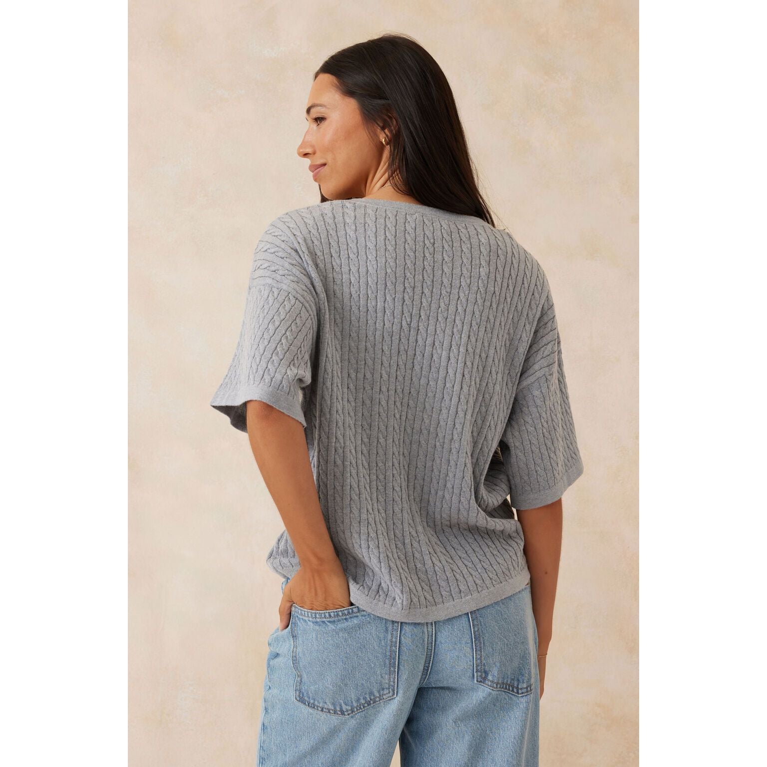 Short Sleeve Soft Cable Knit - Grey Marle
