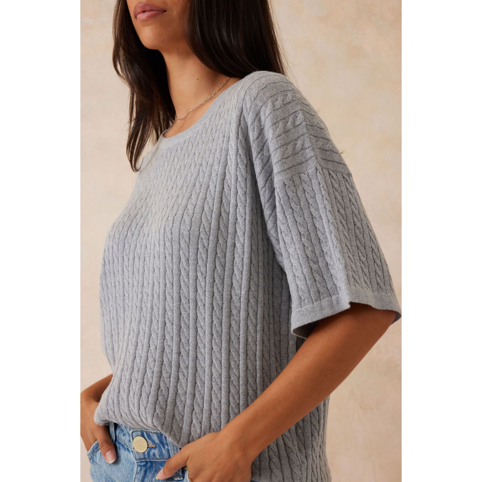 Short Sleeve Soft Cable Knit - Grey Marle