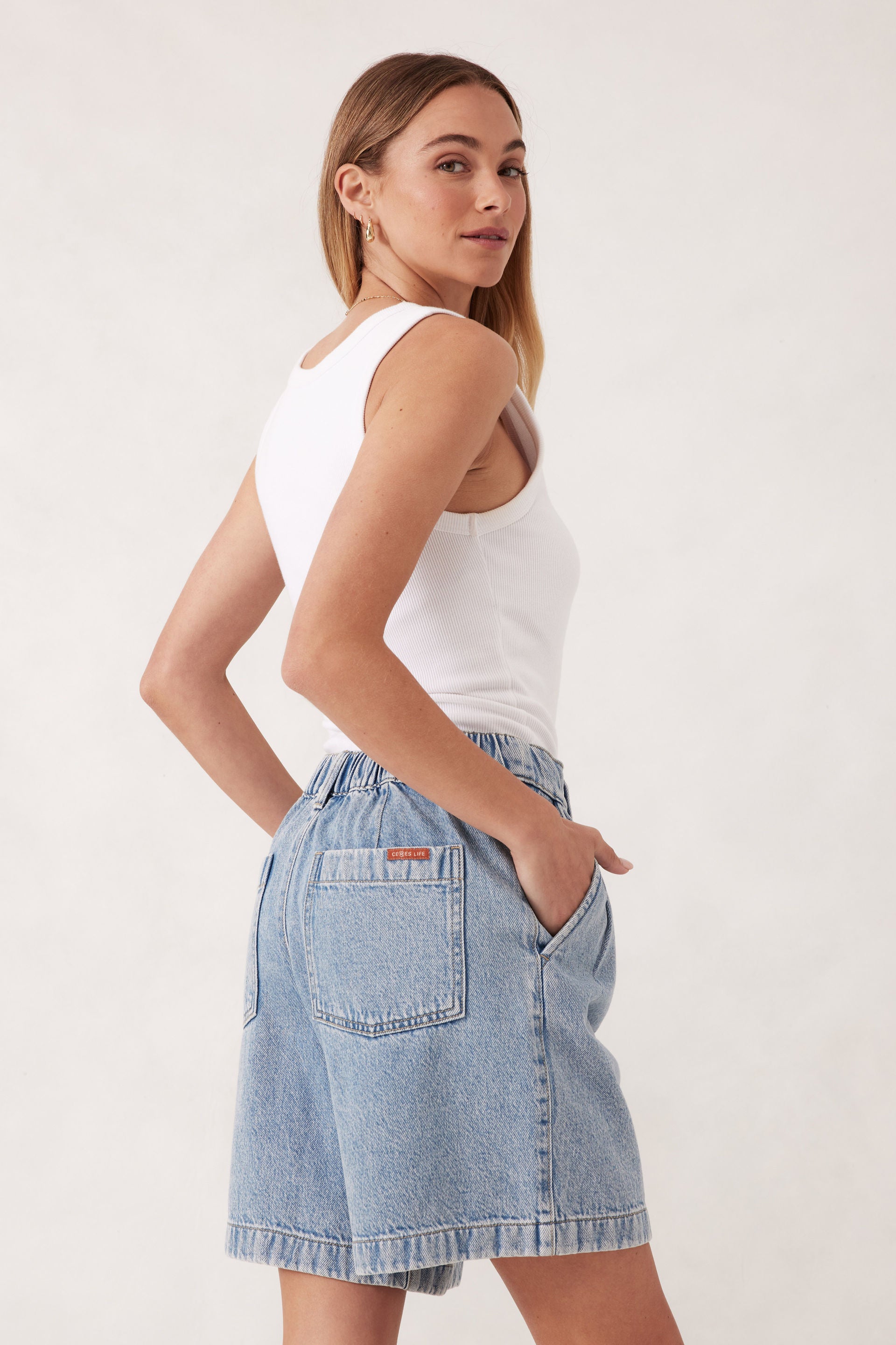 Sylvie Longline Pleat Denim Short - Vintage Blue