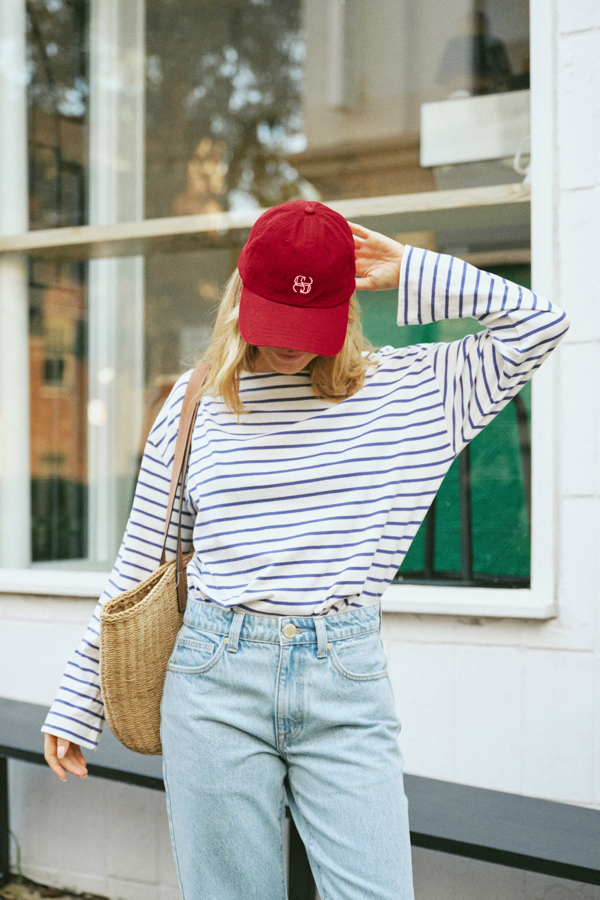 Ceres Monogram Cap - Deep red/ecru stitch