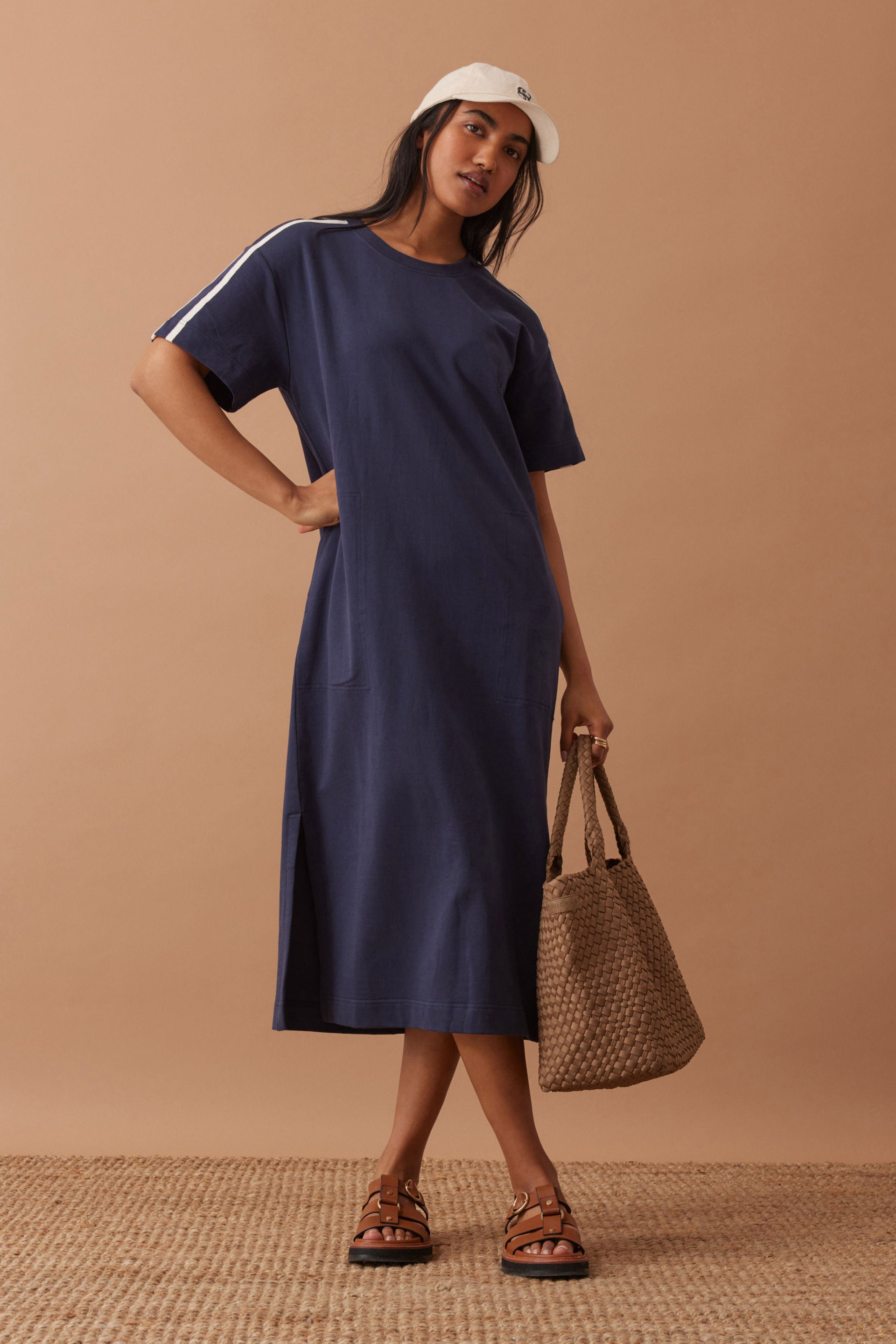Charlotte Midi Terry Dress - New navy side stripe