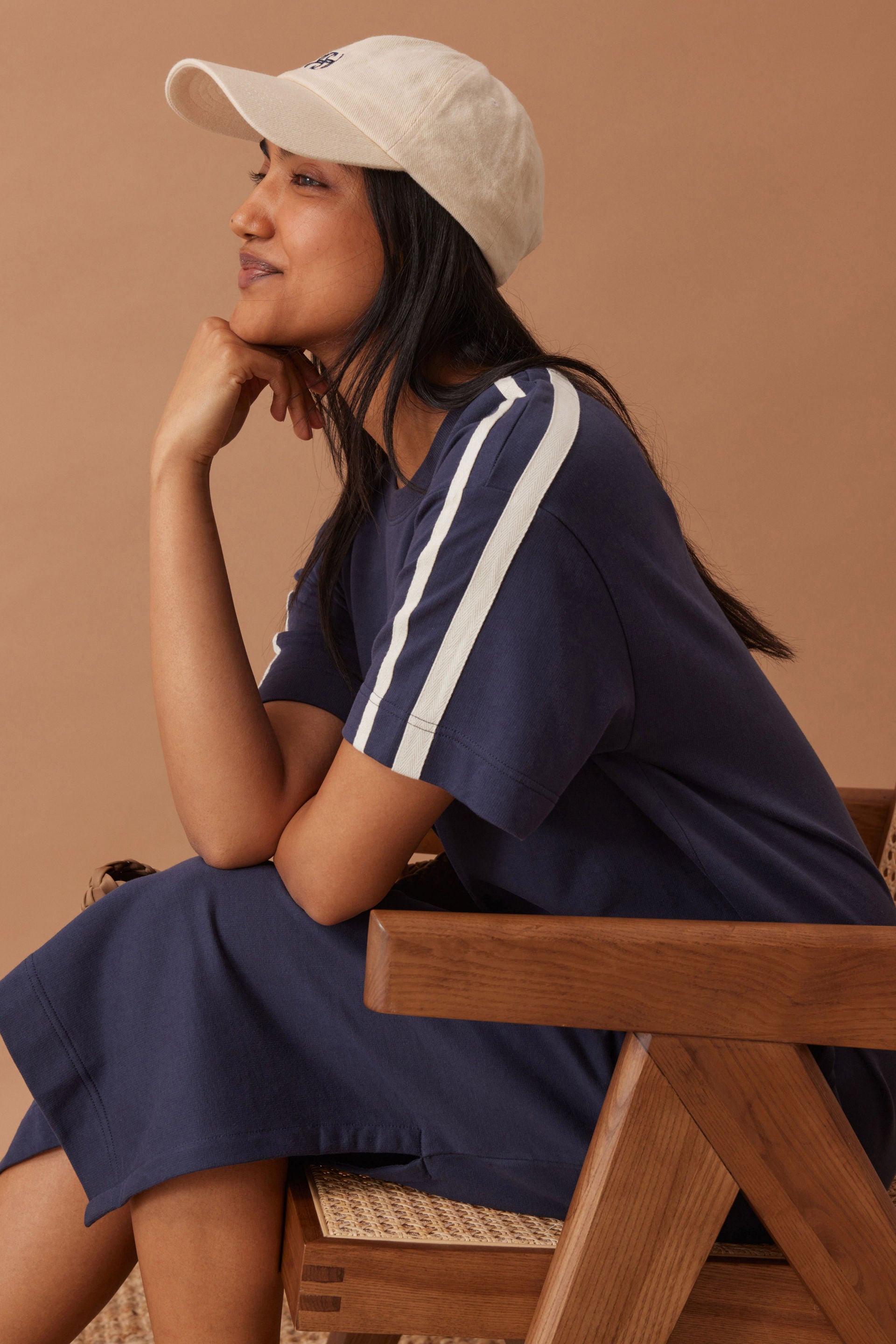 Charlotte Midi Terry Dress - New navy side stripe