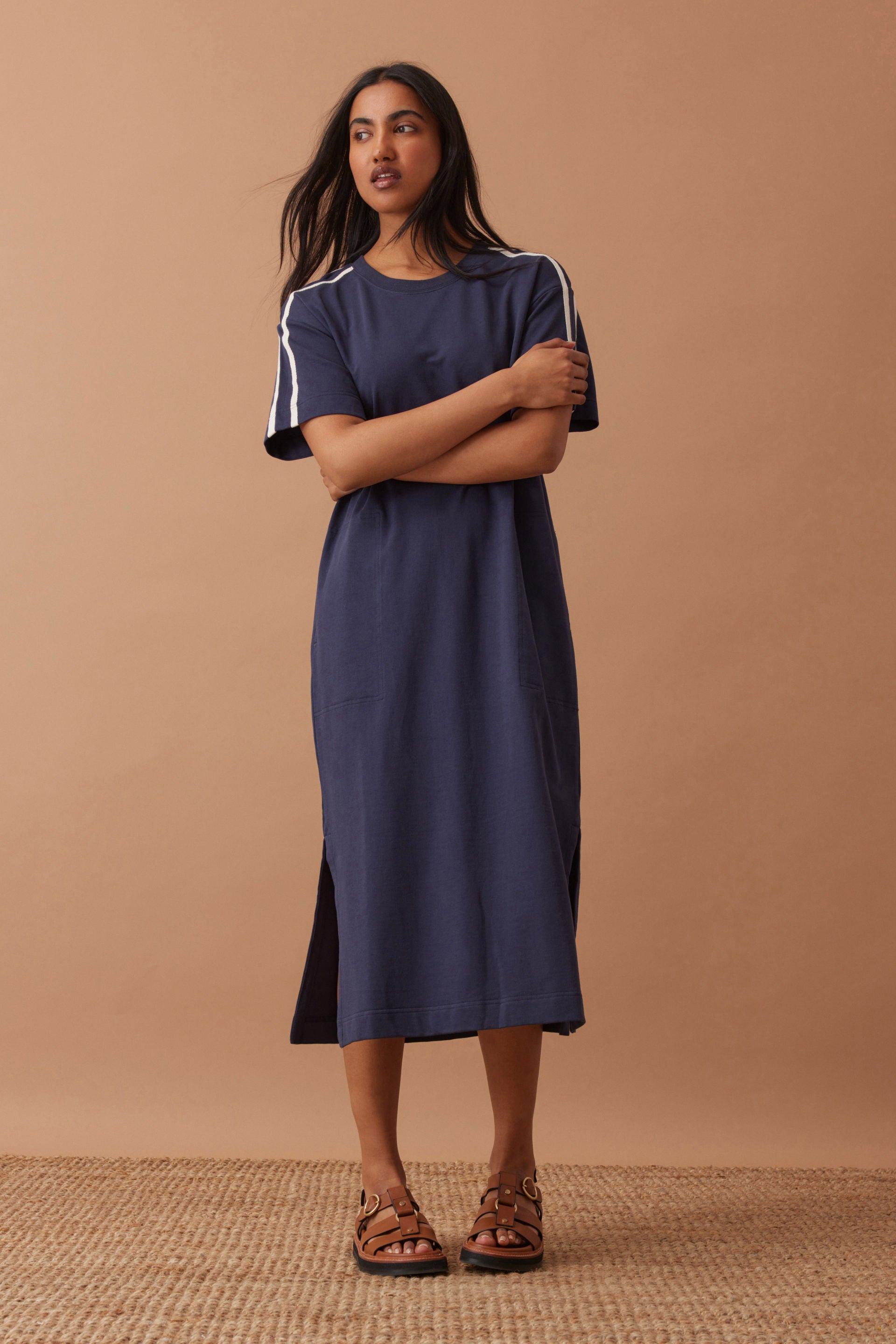 Charlotte Midi Terry Dress - New navy side stripe