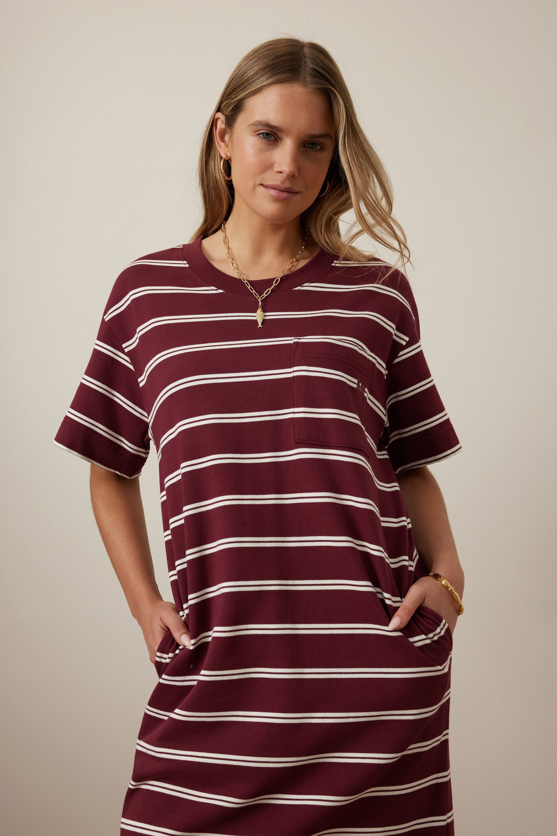 Charlotte Midi Terry Dress -  Burgundy Stripe