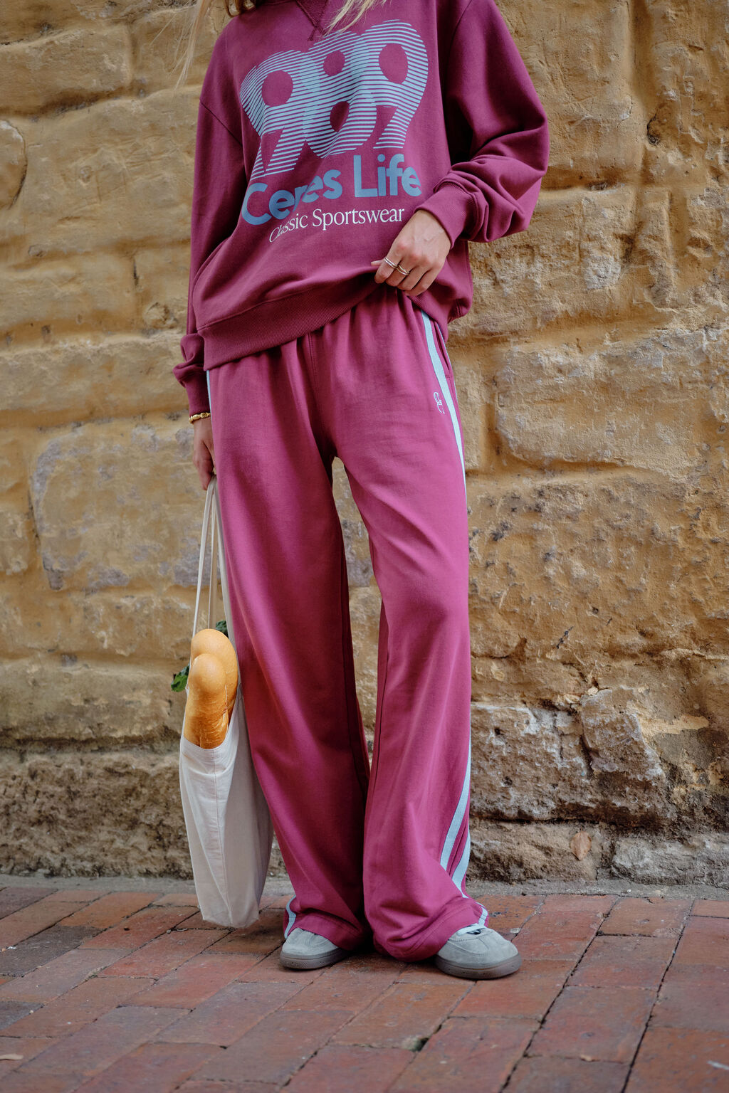 Gigi Wide Leg Terry Trackpant - Washed burgundy sky blue side stripe