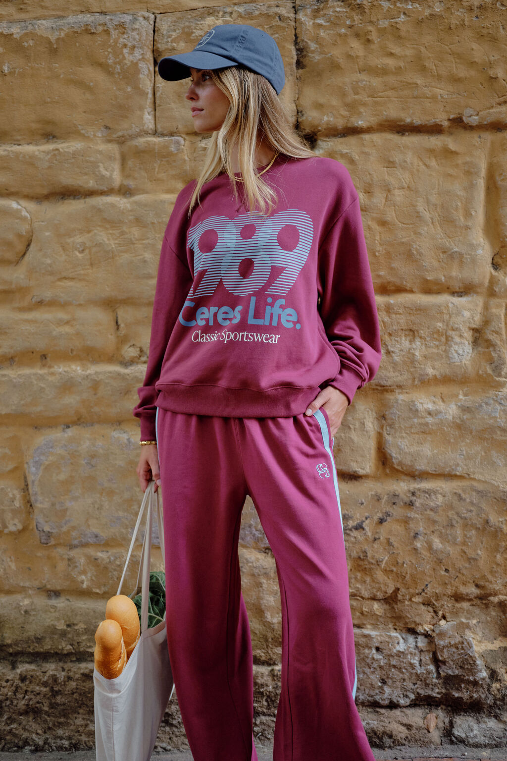 Gigi Wide Leg Terry Trackpant - Washed burgundy sky blue side stripe