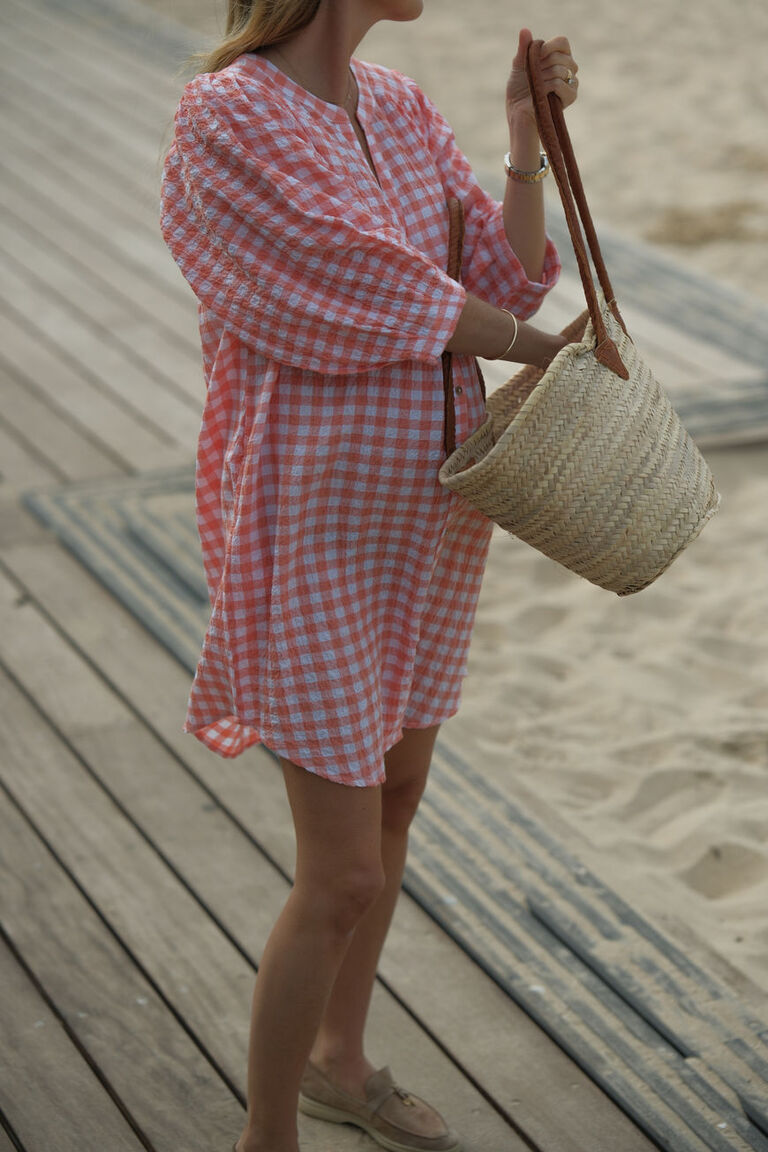 Crinkle Mini Dress - coral/white gingham