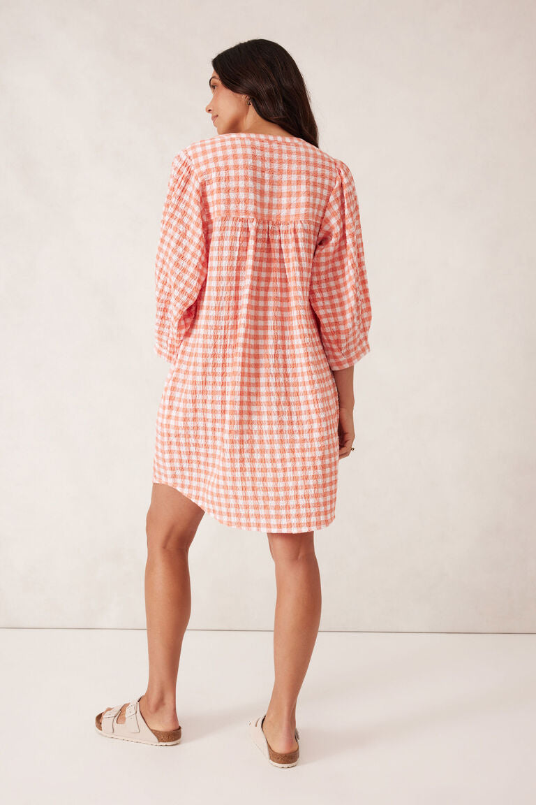 Crinkle Mini Dress - coral/white gingham