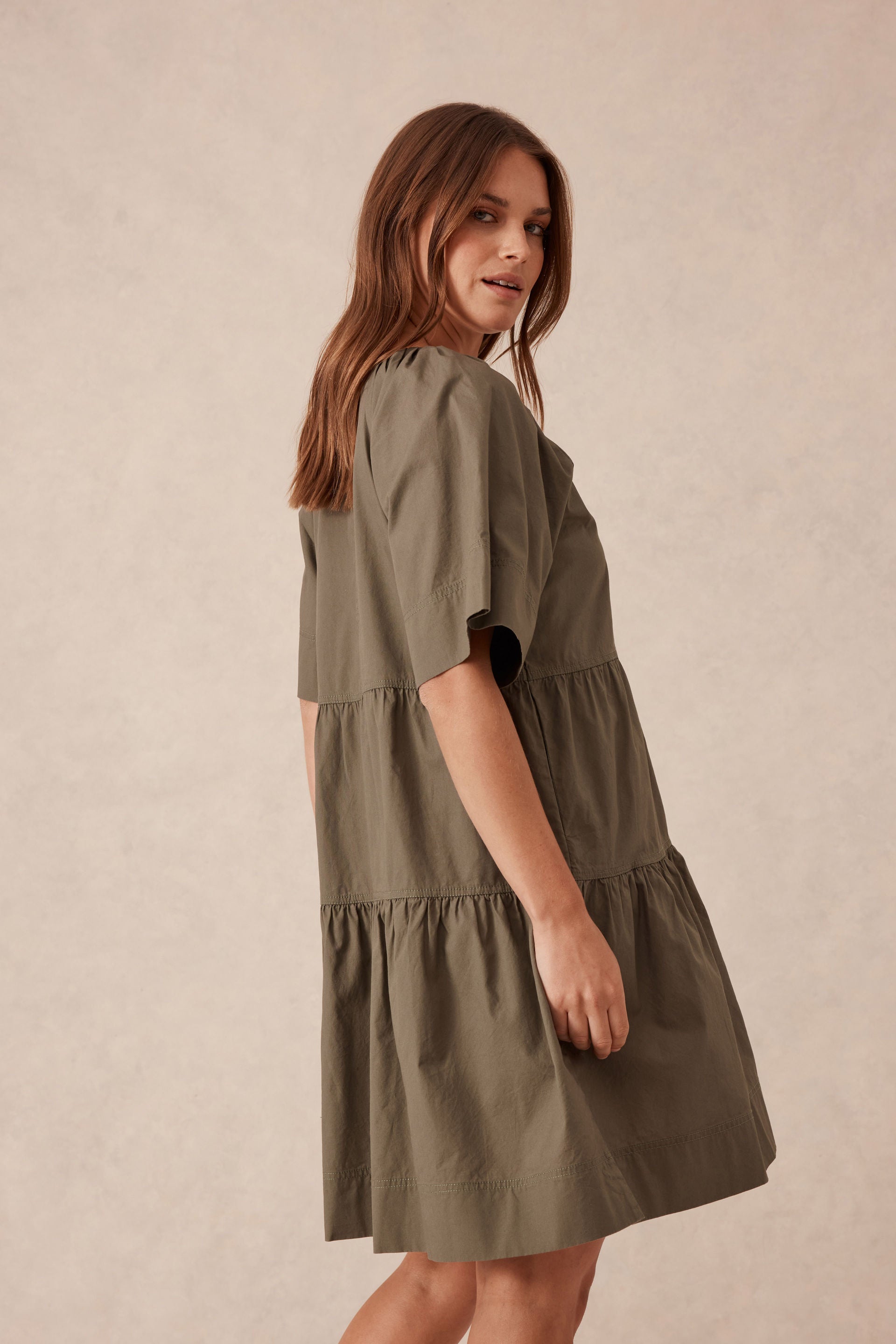 Tiered Poplin Mini Dress - Soft Olive