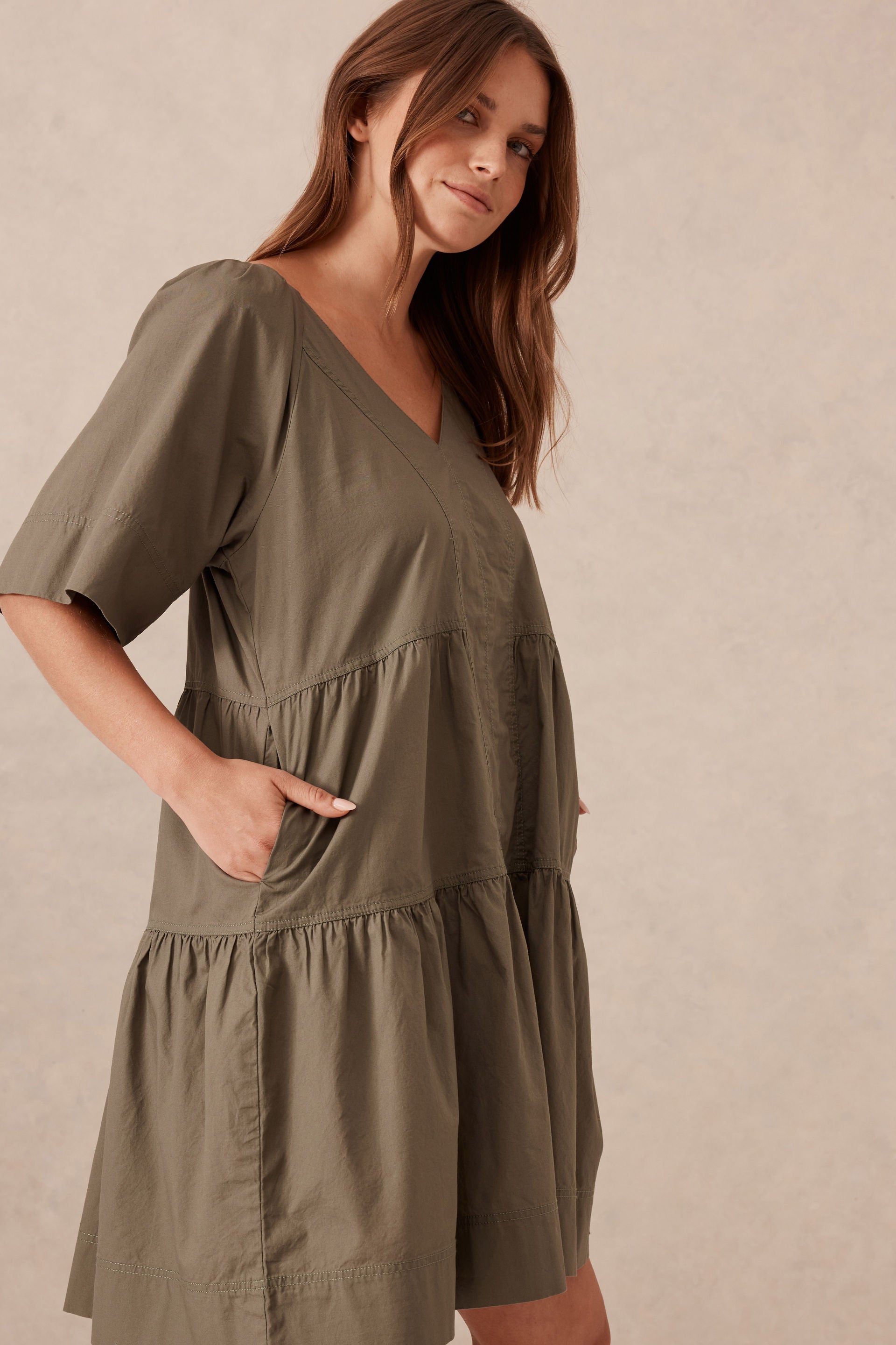 Tiered Poplin Mini Dress - Soft Olive