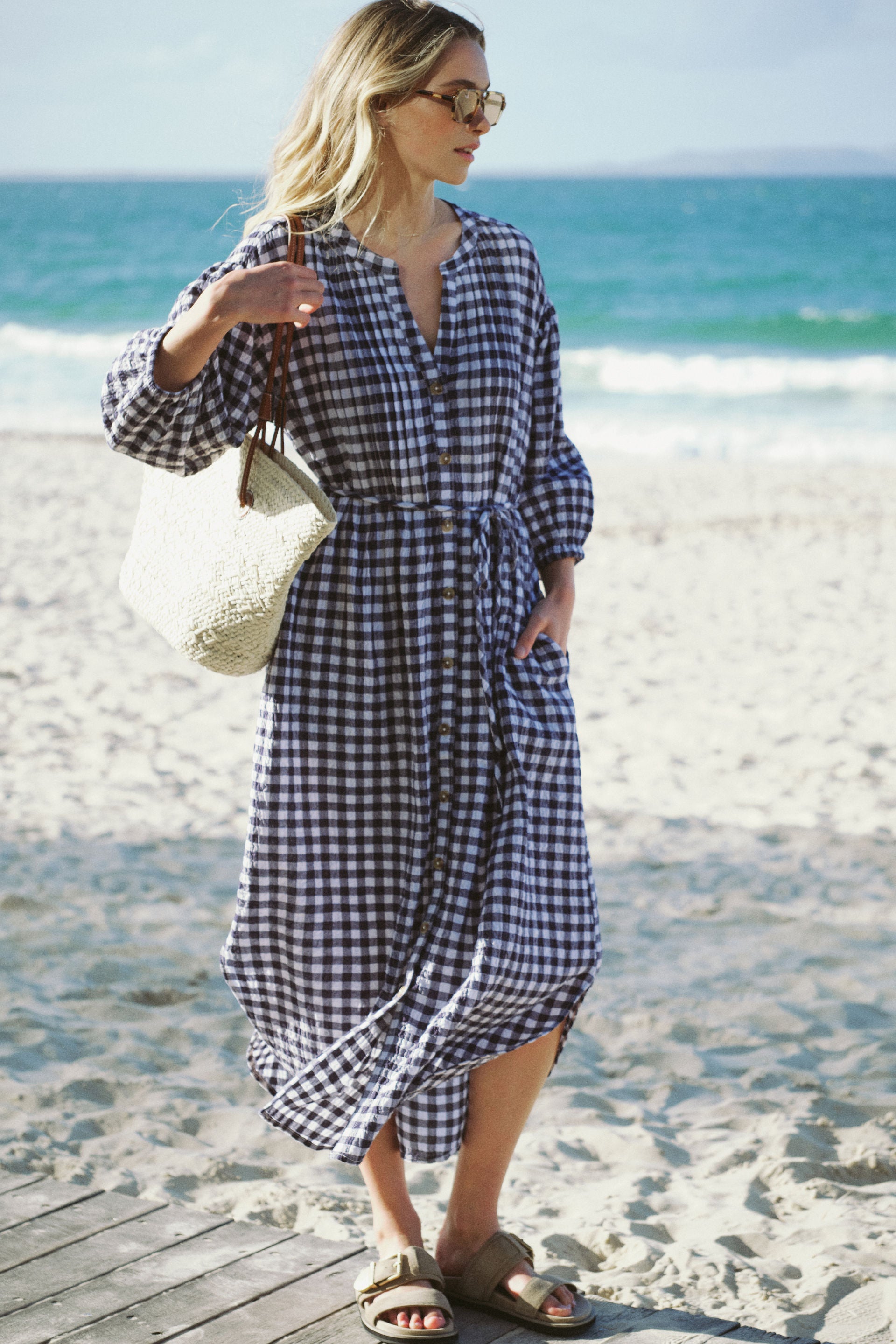 Crinkle Midi Dress - Navy/white gingham