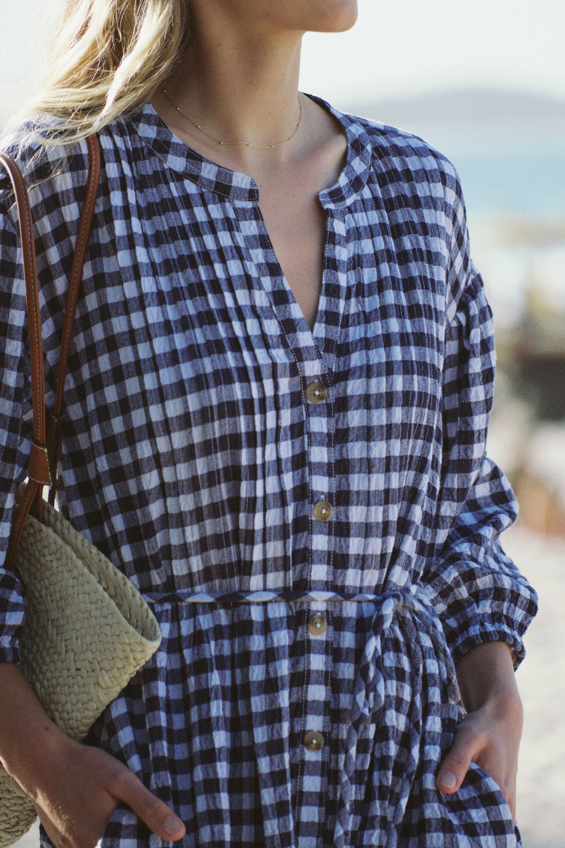 Crinkle Midi Dress - Navy/white gingham