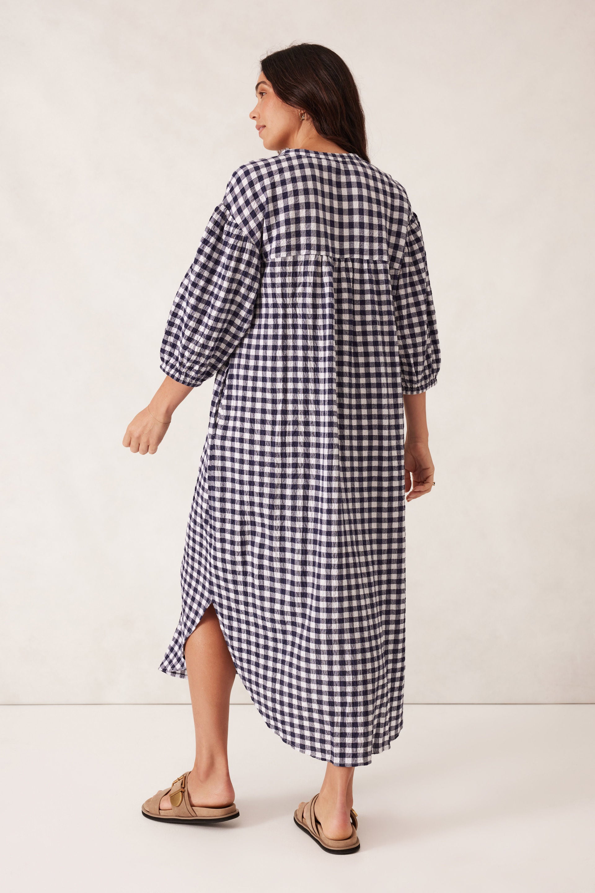 Crinkle Midi Dress - Navy/white gingham