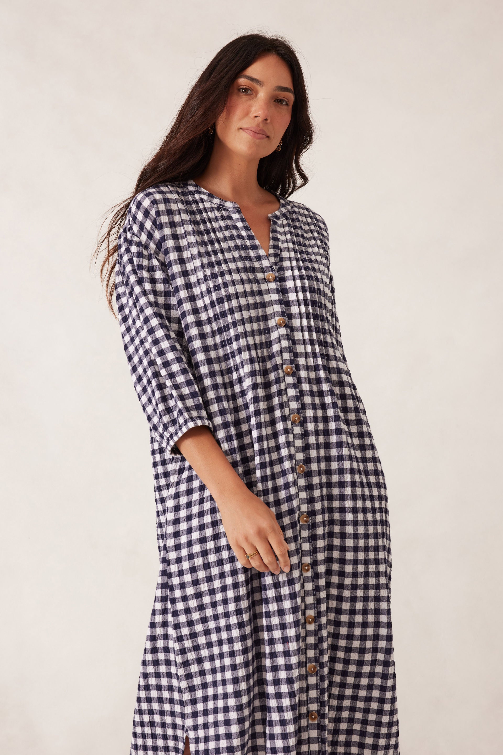 Crinkle Midi Dress - Navy/white gingham