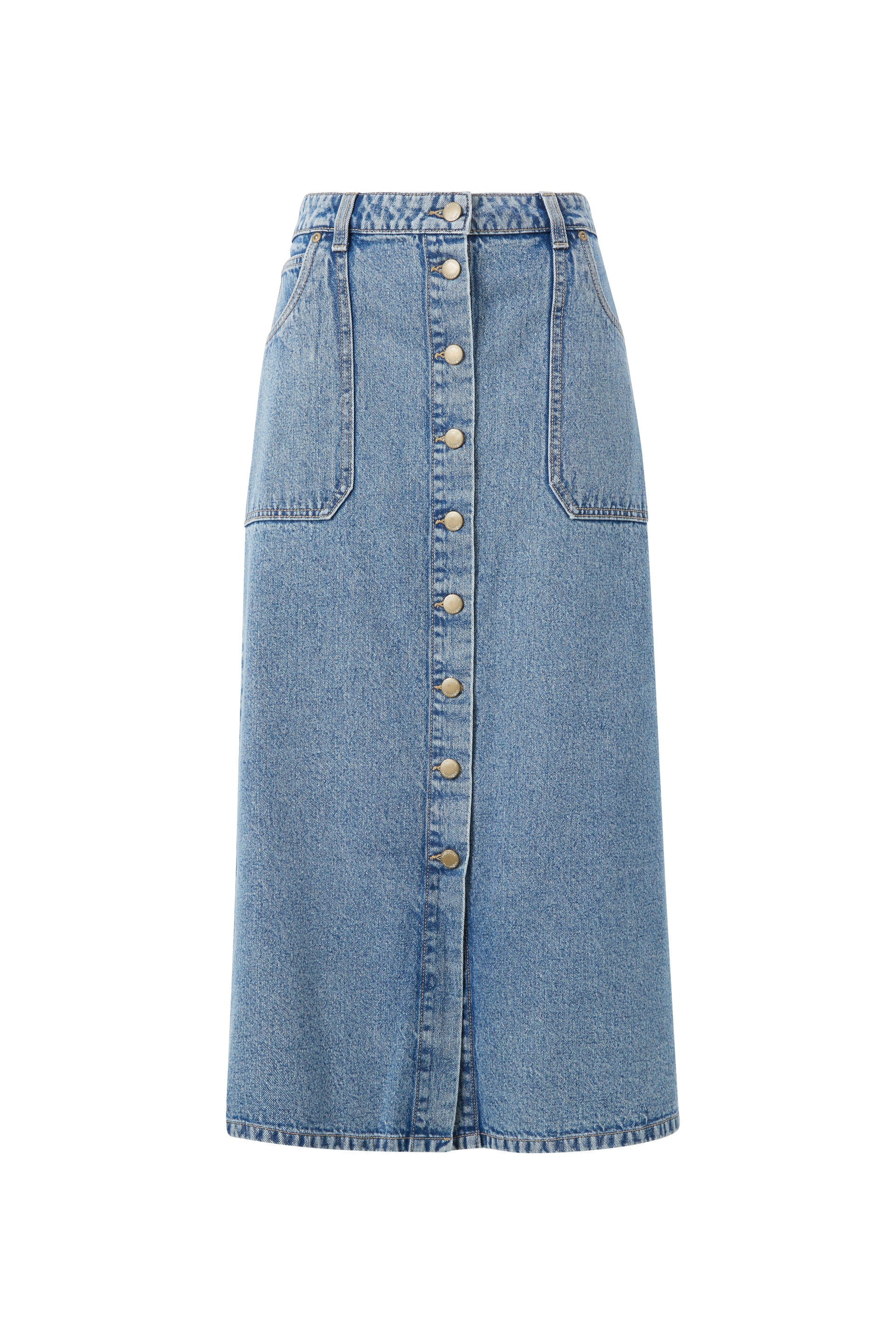 Button Through Denim Midi Skirt - Vintage Blue