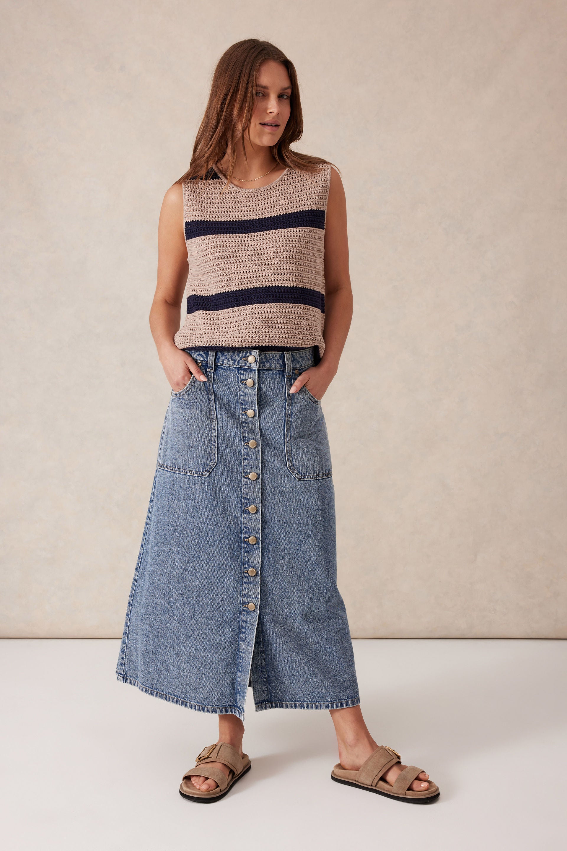 Button Through Denim Midi Skirt - Vintage Blue