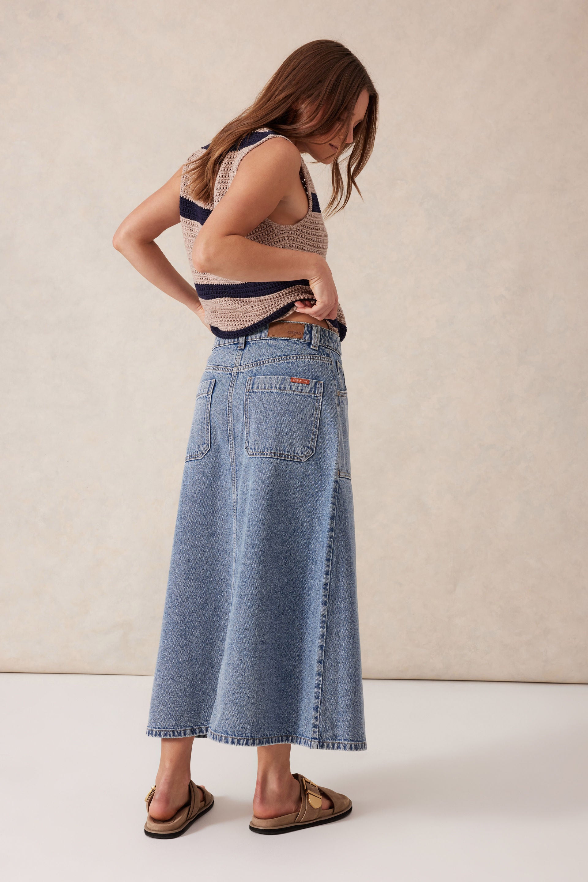 Button Through Denim Midi Skirt - Vintage Blue