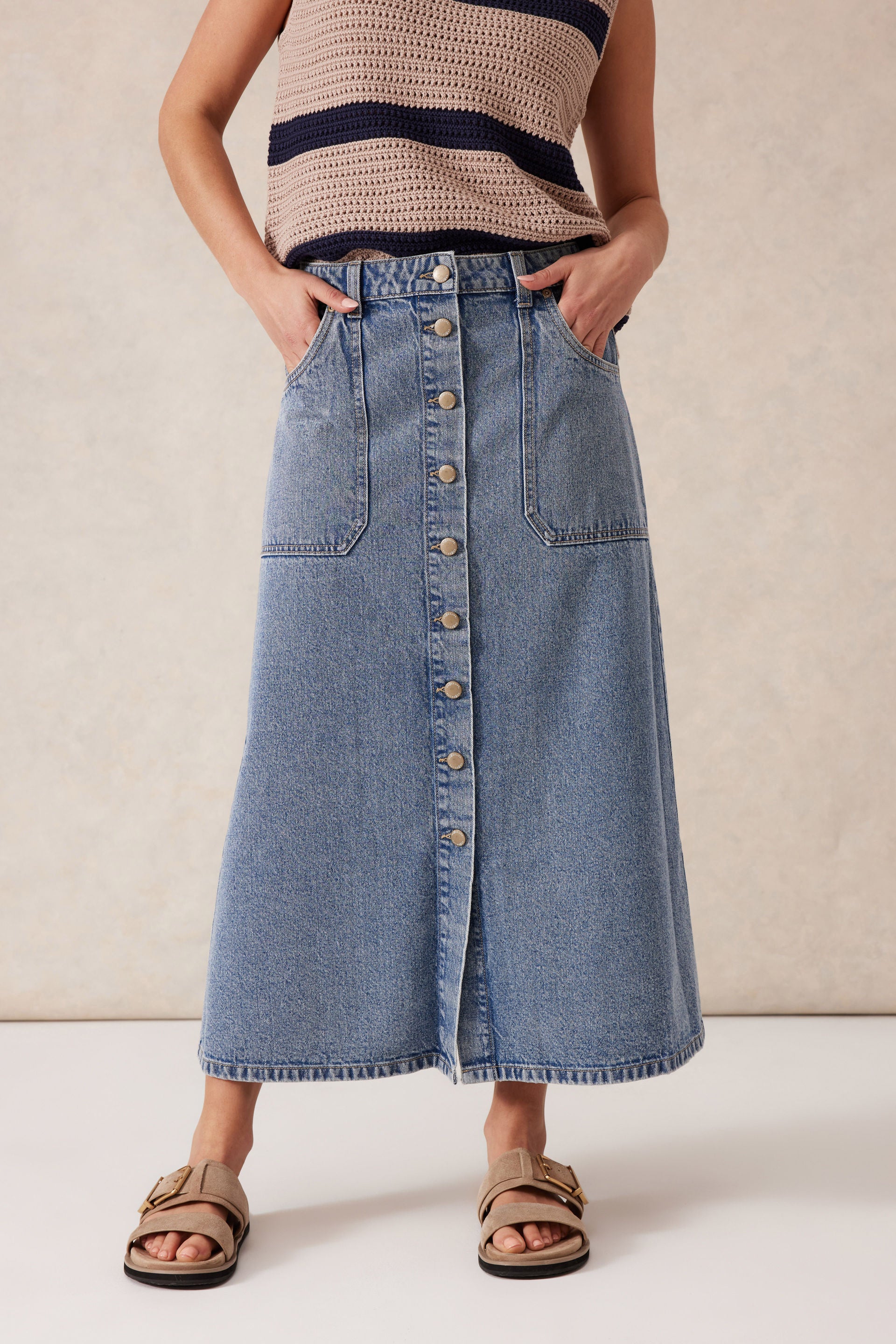 Button Through Denim Midi Skirt - Vintage Blue