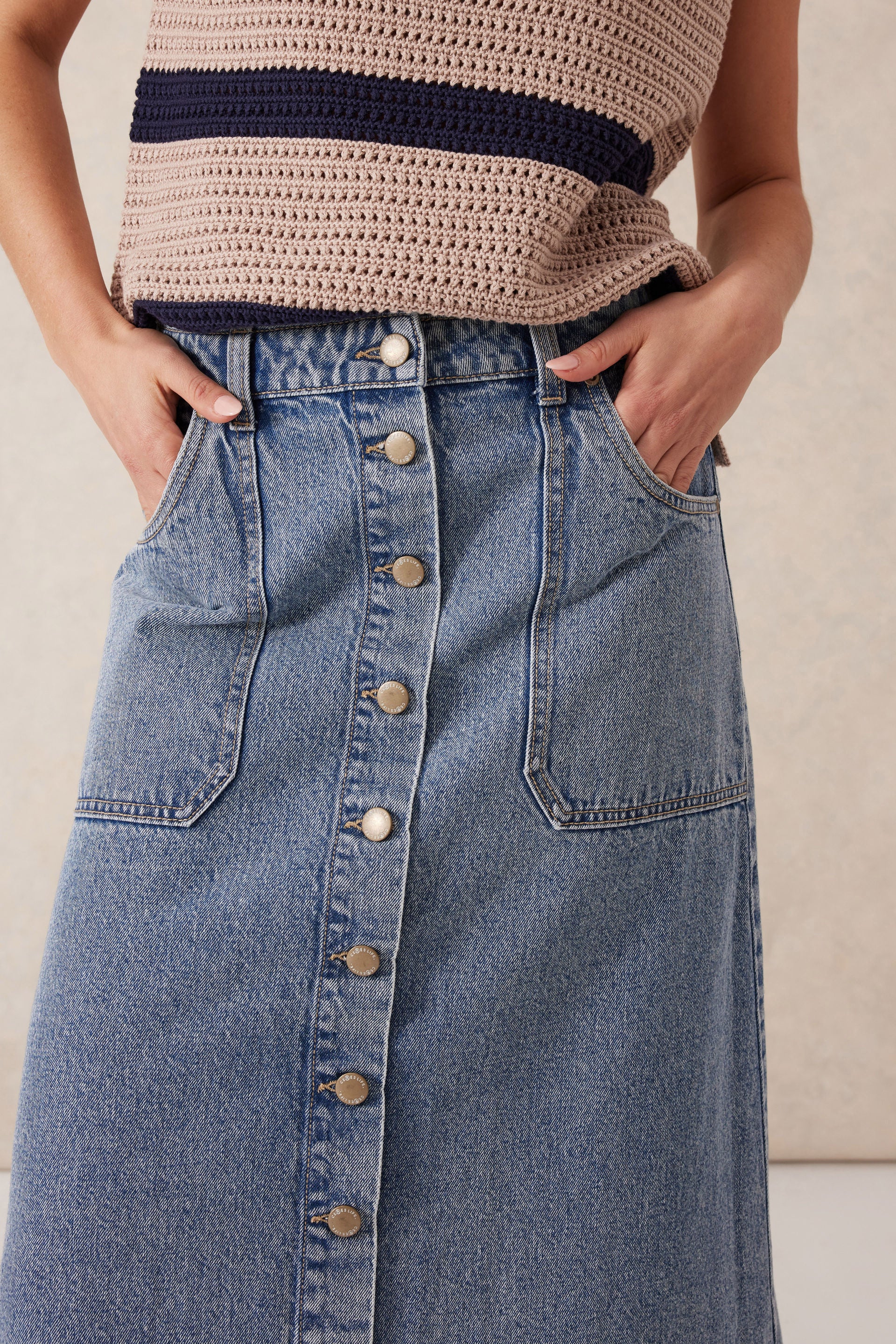 Button Through Denim Midi Skirt - Vintage Blue