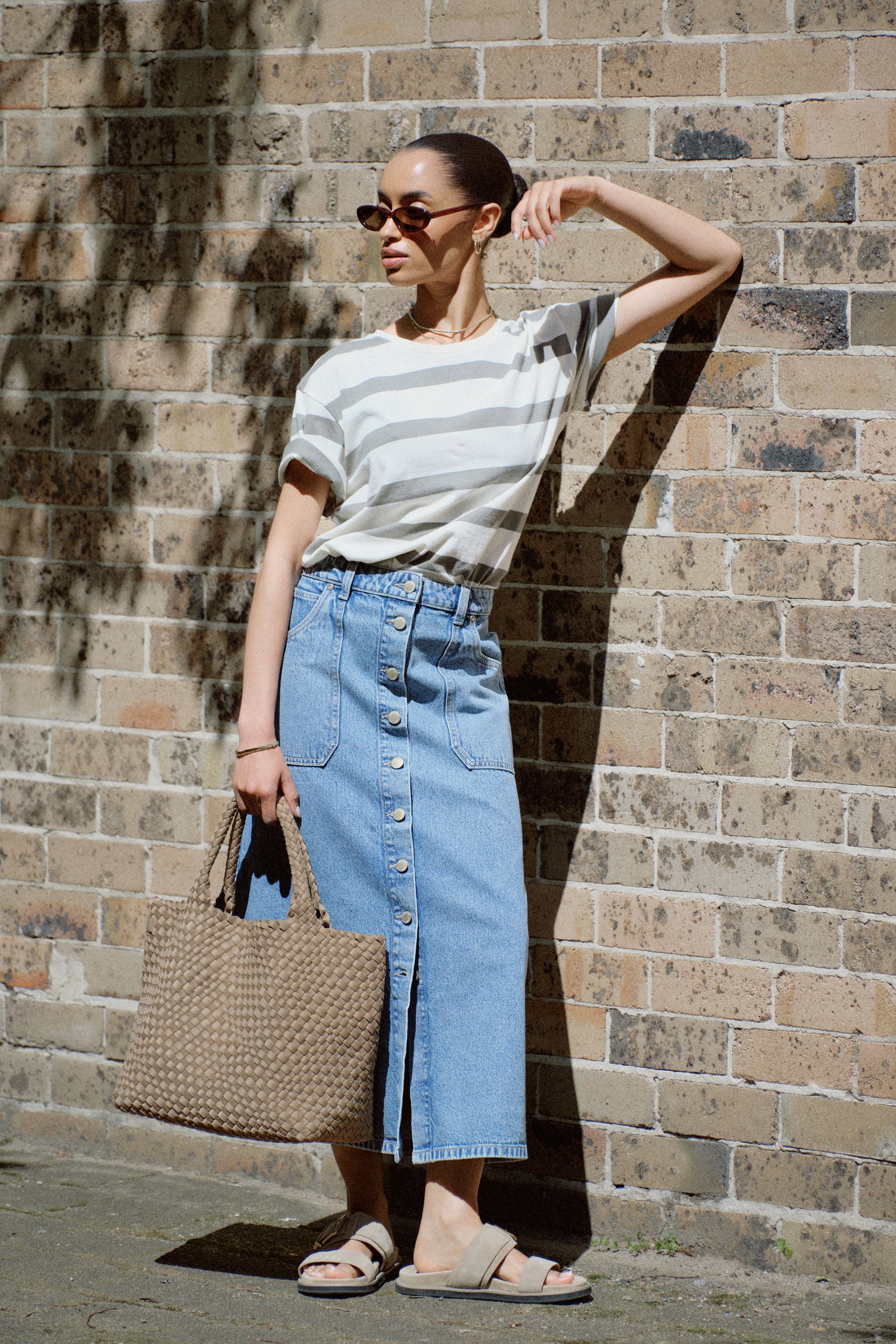 Button Through Denim Midi Skirt - Vintage Blue