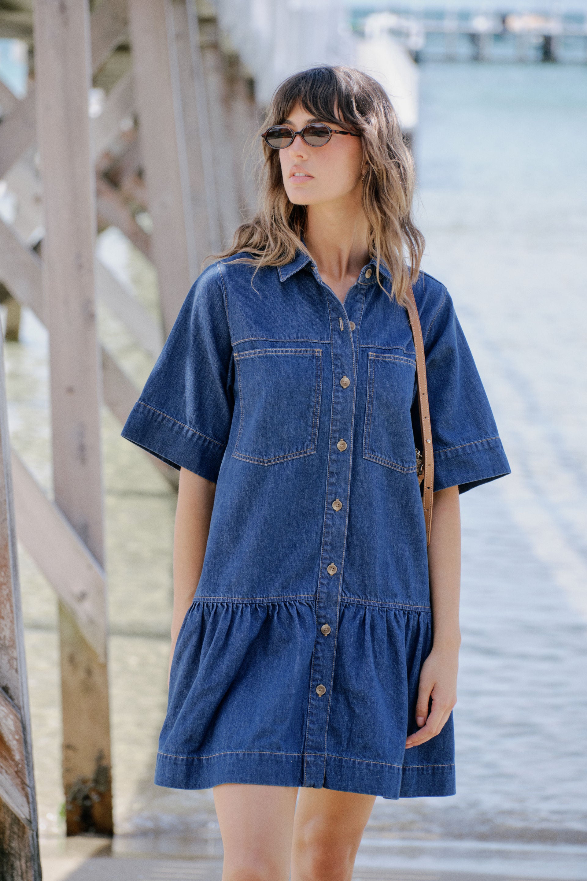 Short Sleeve Tiered Pocket Shirt Dress - Midnight