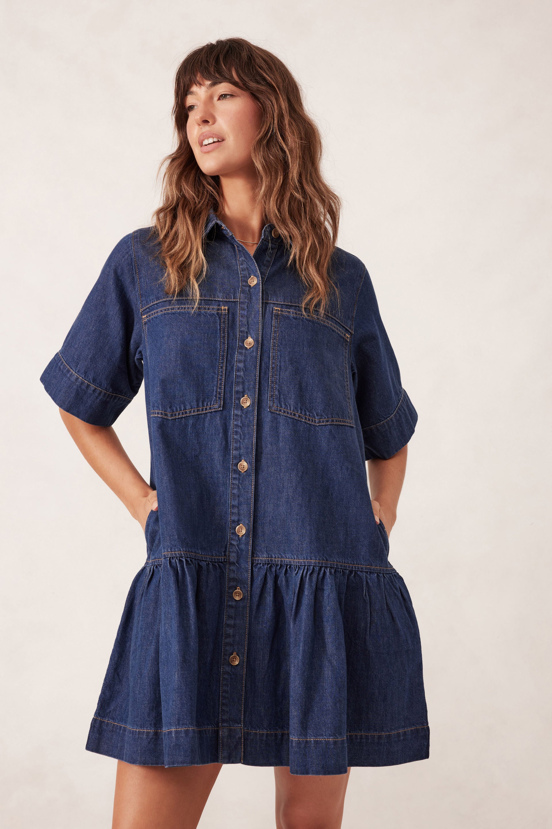 Short Sleeve Tiered Pocket Shirt Dress - Midnight