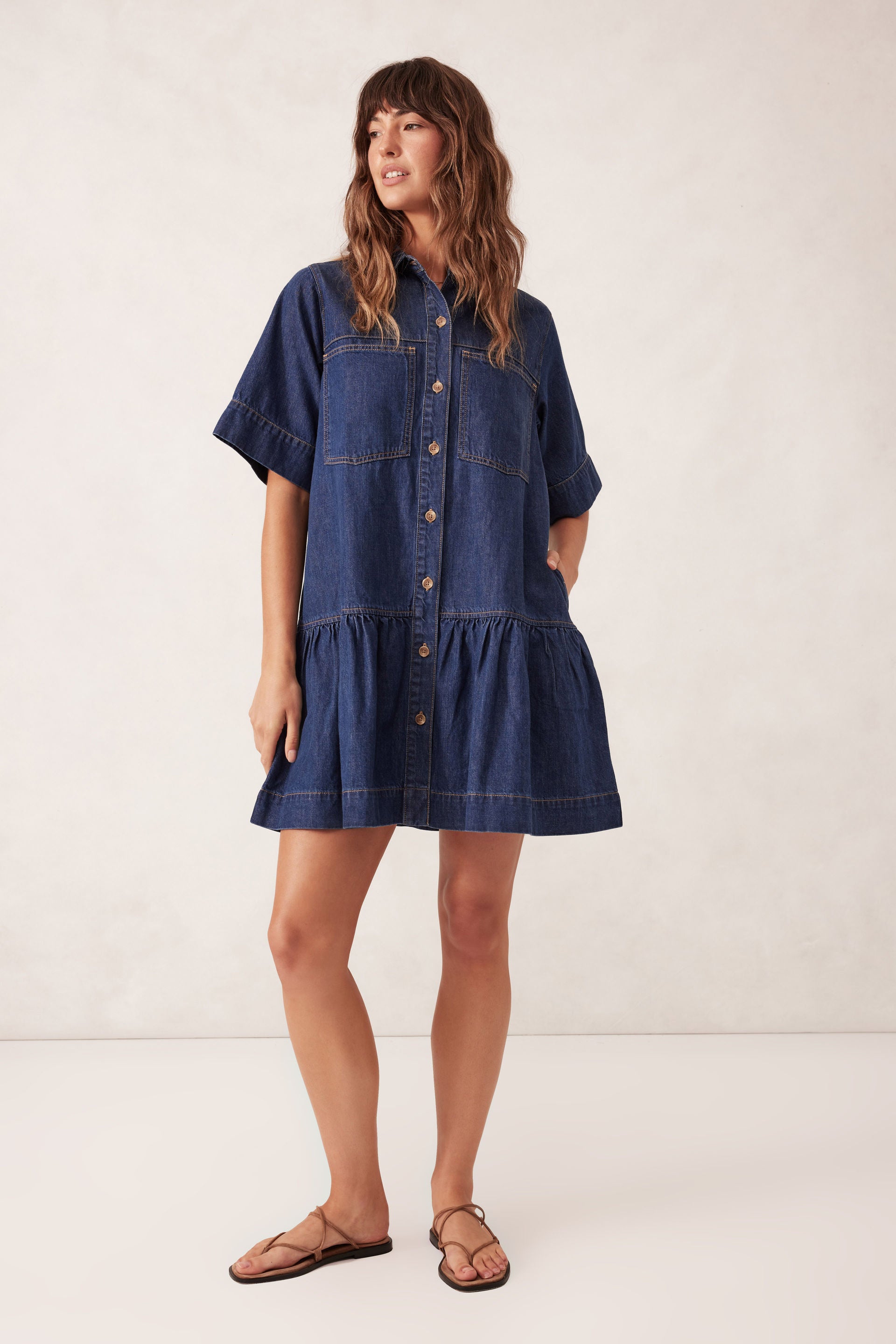 Short Sleeve Tiered Pocket Shirt Dress - Midnight