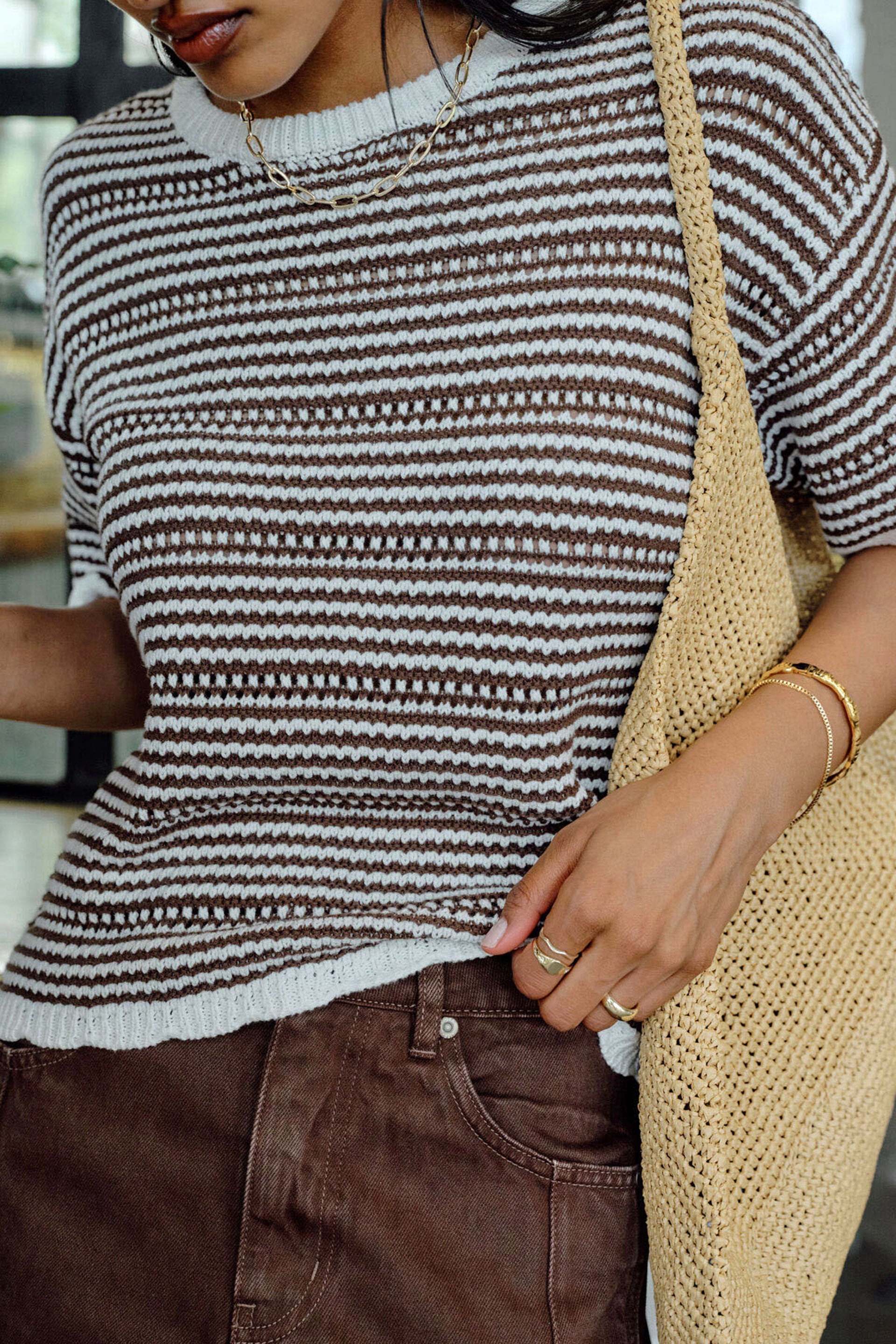Nina Boxy Knit Tee -  Chocolate stripe