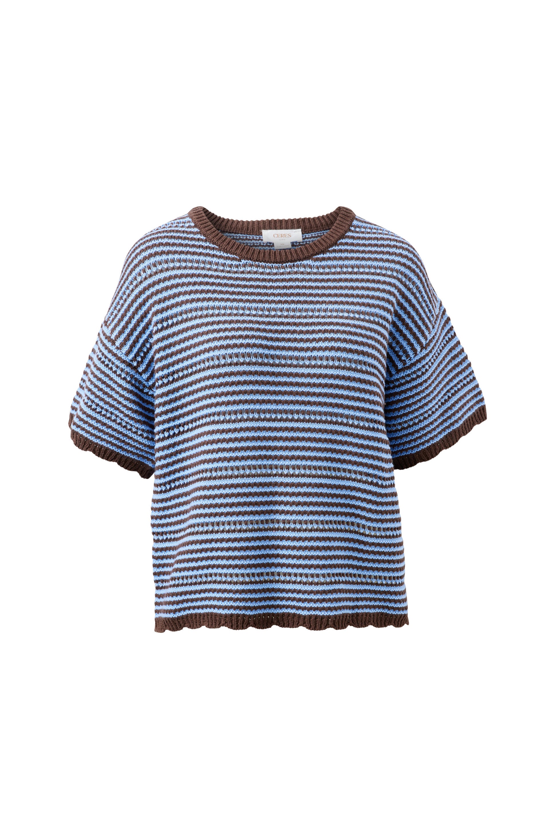 Ceres Life Nina Boxy Knit Tee in Brunette Sky Blue Stripe, front view