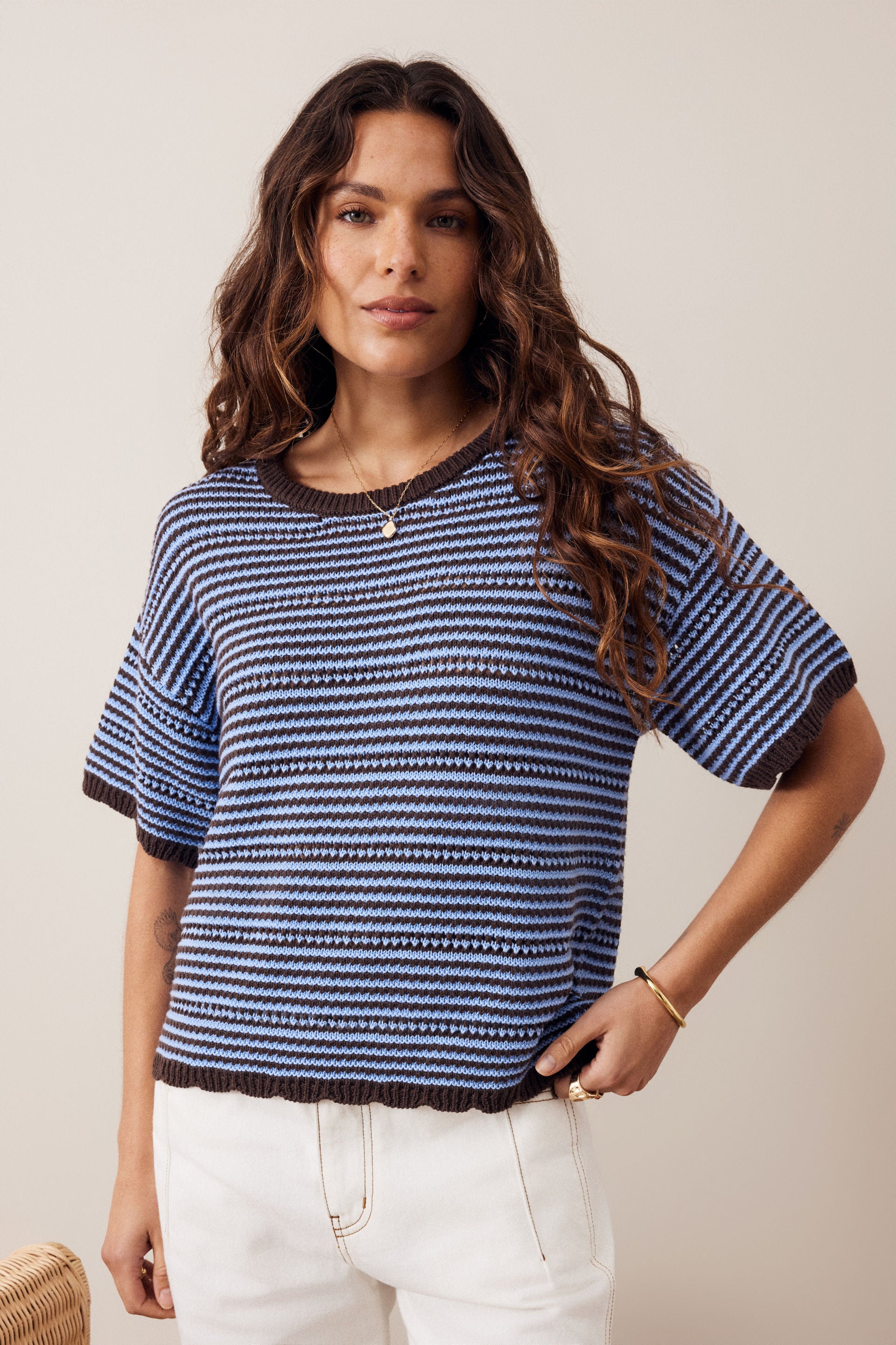 Ceres Life Nina Boxy Knit Tee in Brunette Sky Blue Stripe, styled detail