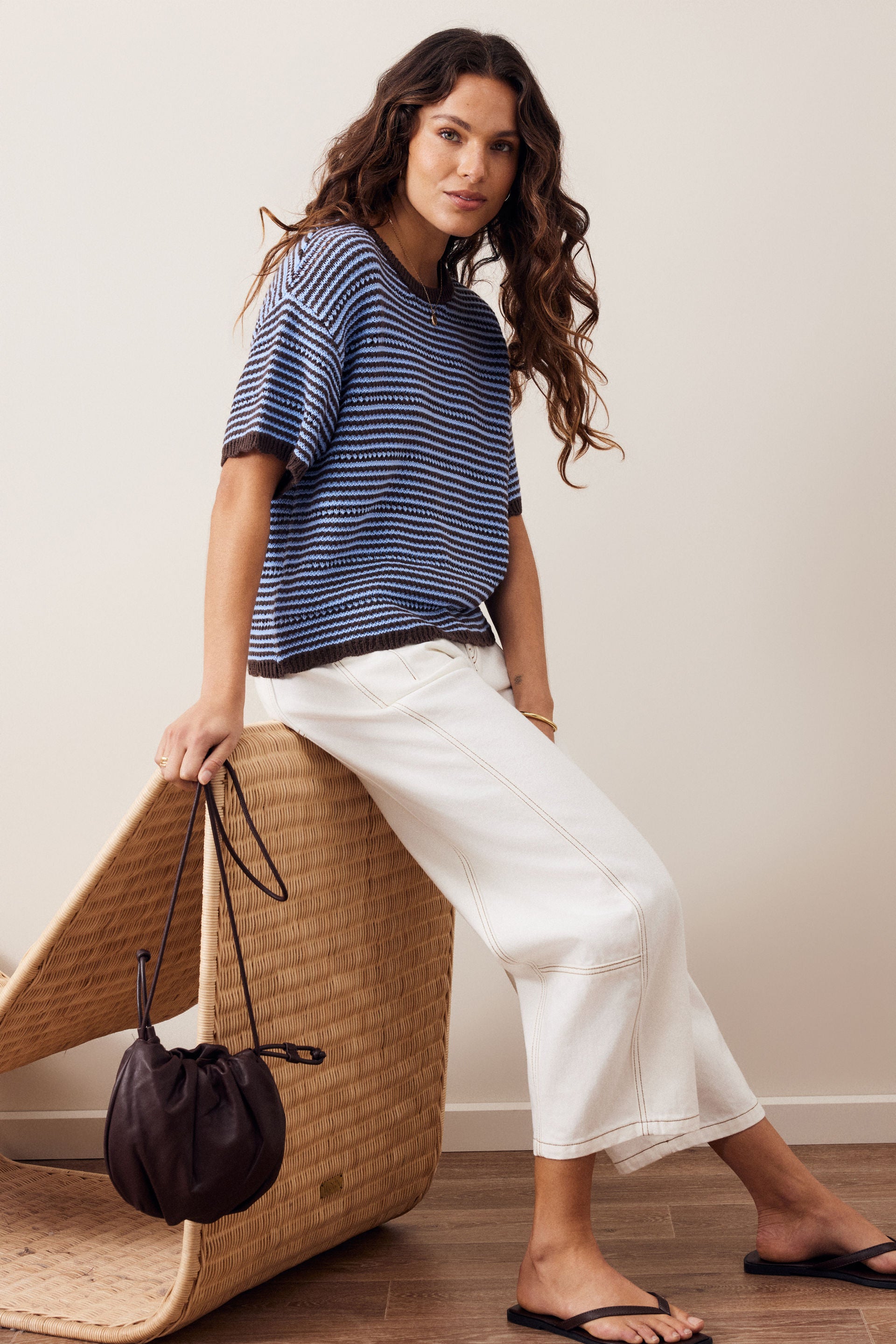 Ceres Life Nina Boxy Knit Tee in Brunette Sky Blue Stripe, detail