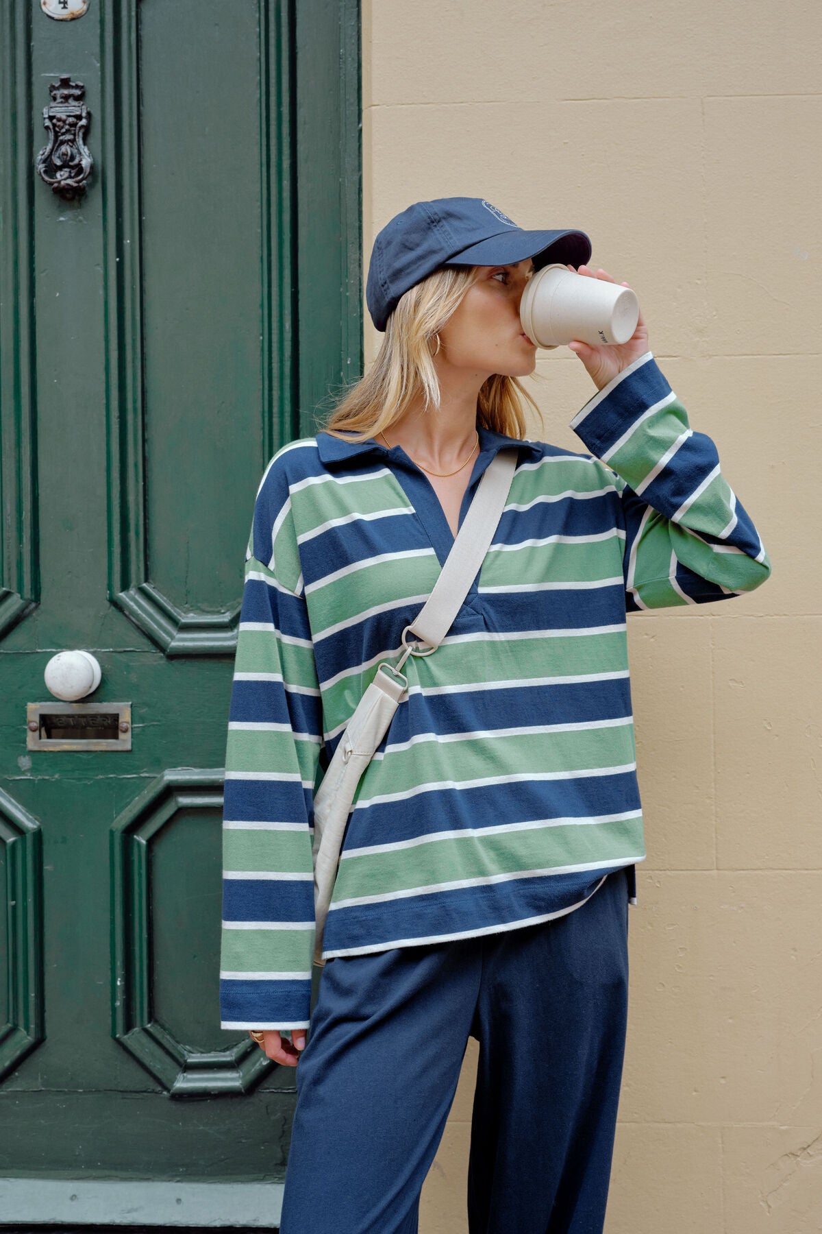 Shelby Slouchy Rugby Top - Pistachio/Heritage Navy Stripe