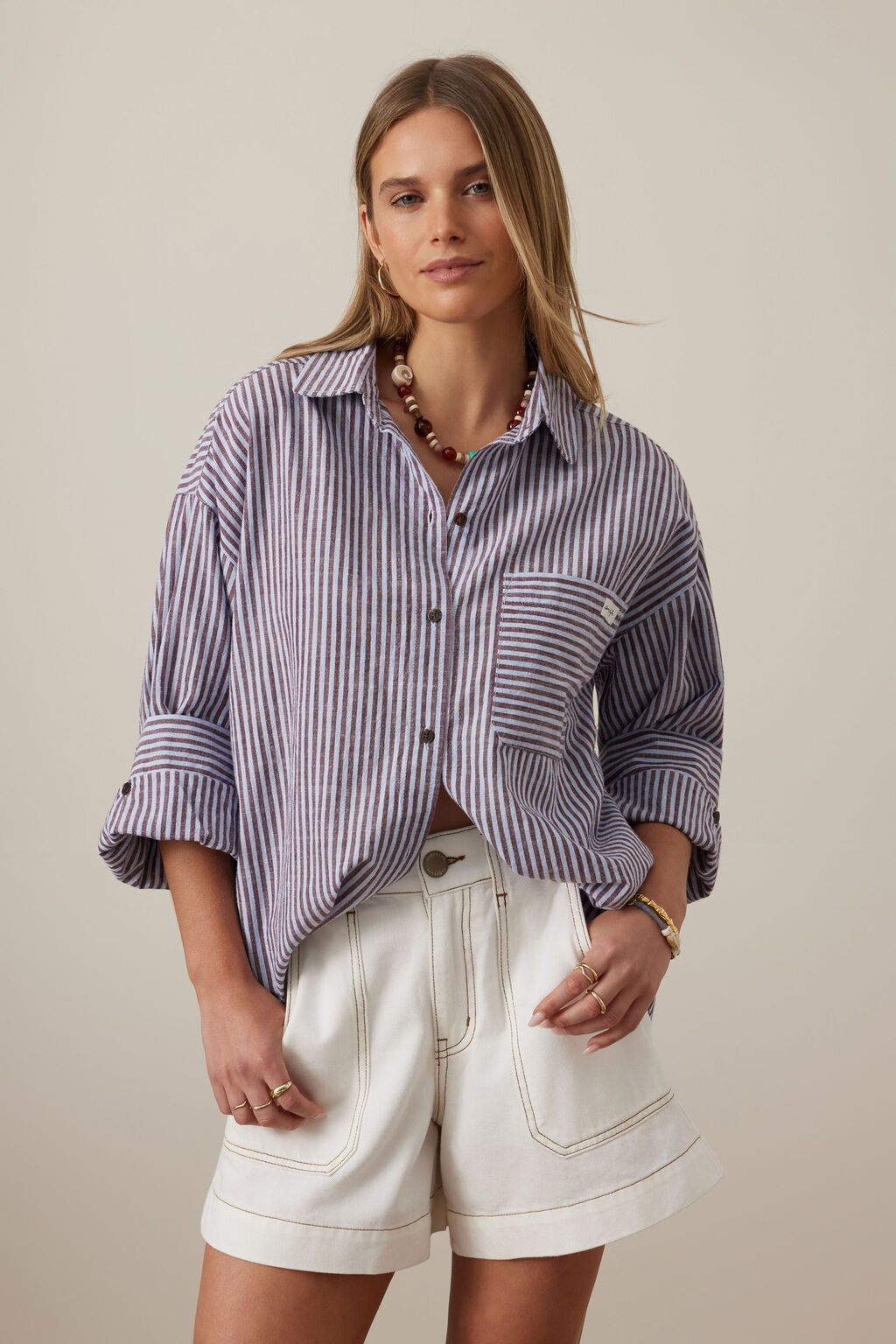 Miya Shirt - Wine Blue Small Stripe