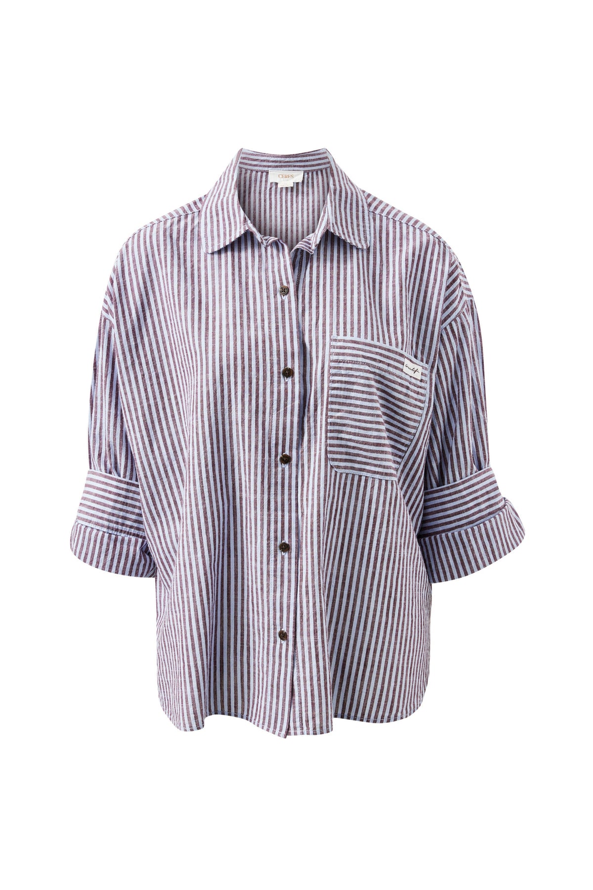 Ceres Life Miya Shirt - Burgundy Blue Small Stripe