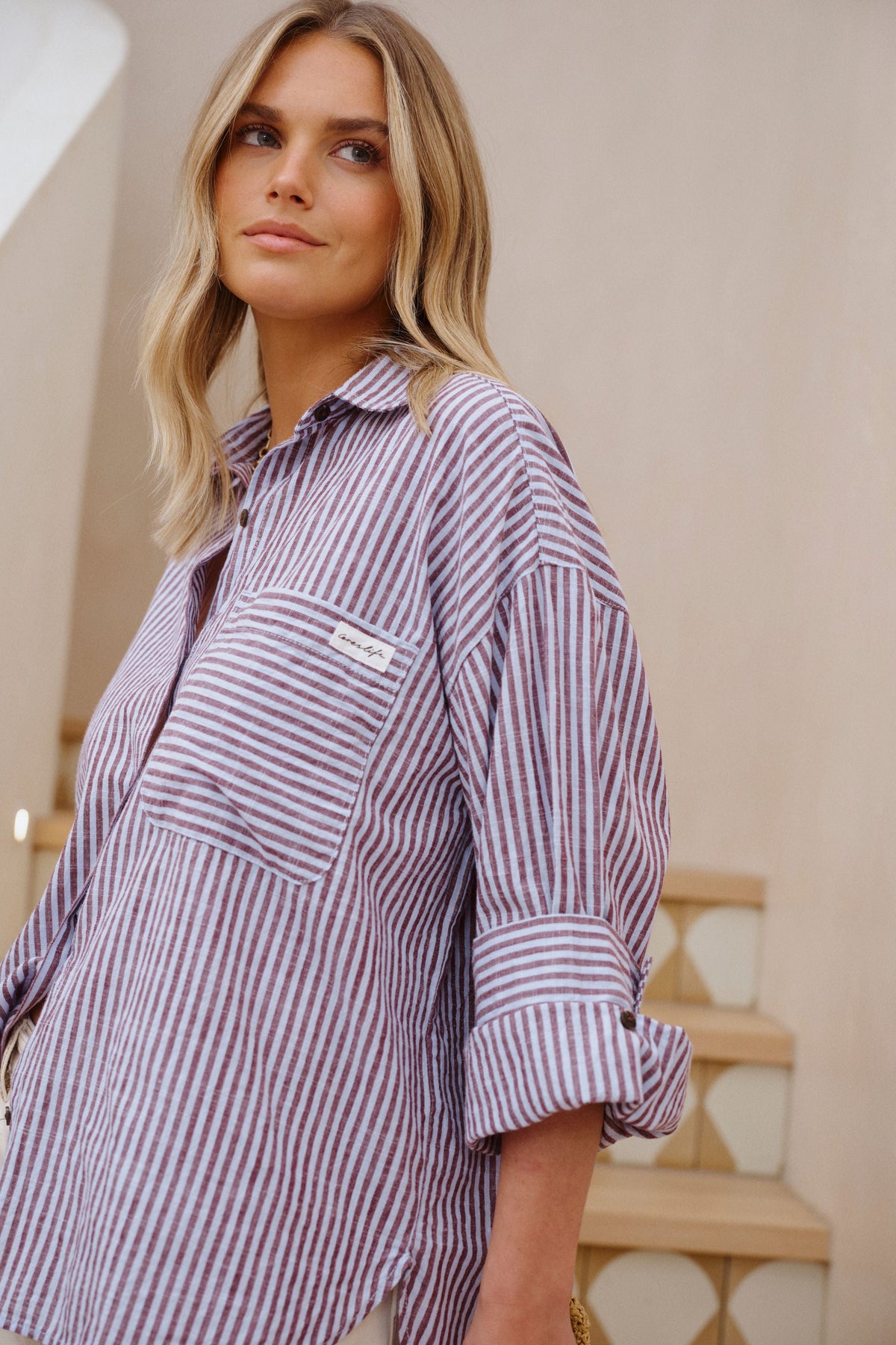 Ceres Life Miya Shirt - Burgundy Blue Small Stripe, view 2