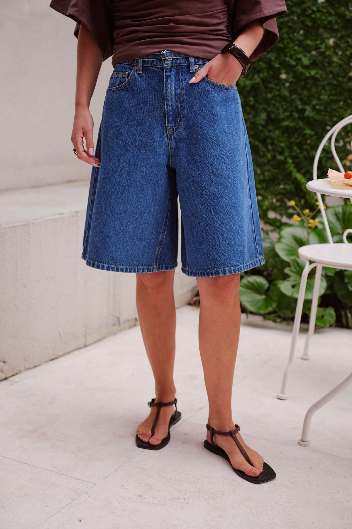 Ceres Life Olive Belted Denim Short in Fresh Indigo, side view