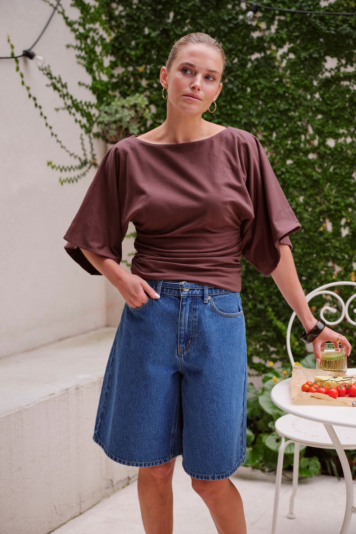Ceres Life Olive Belted Denim Short in Fresh Indigo, front view