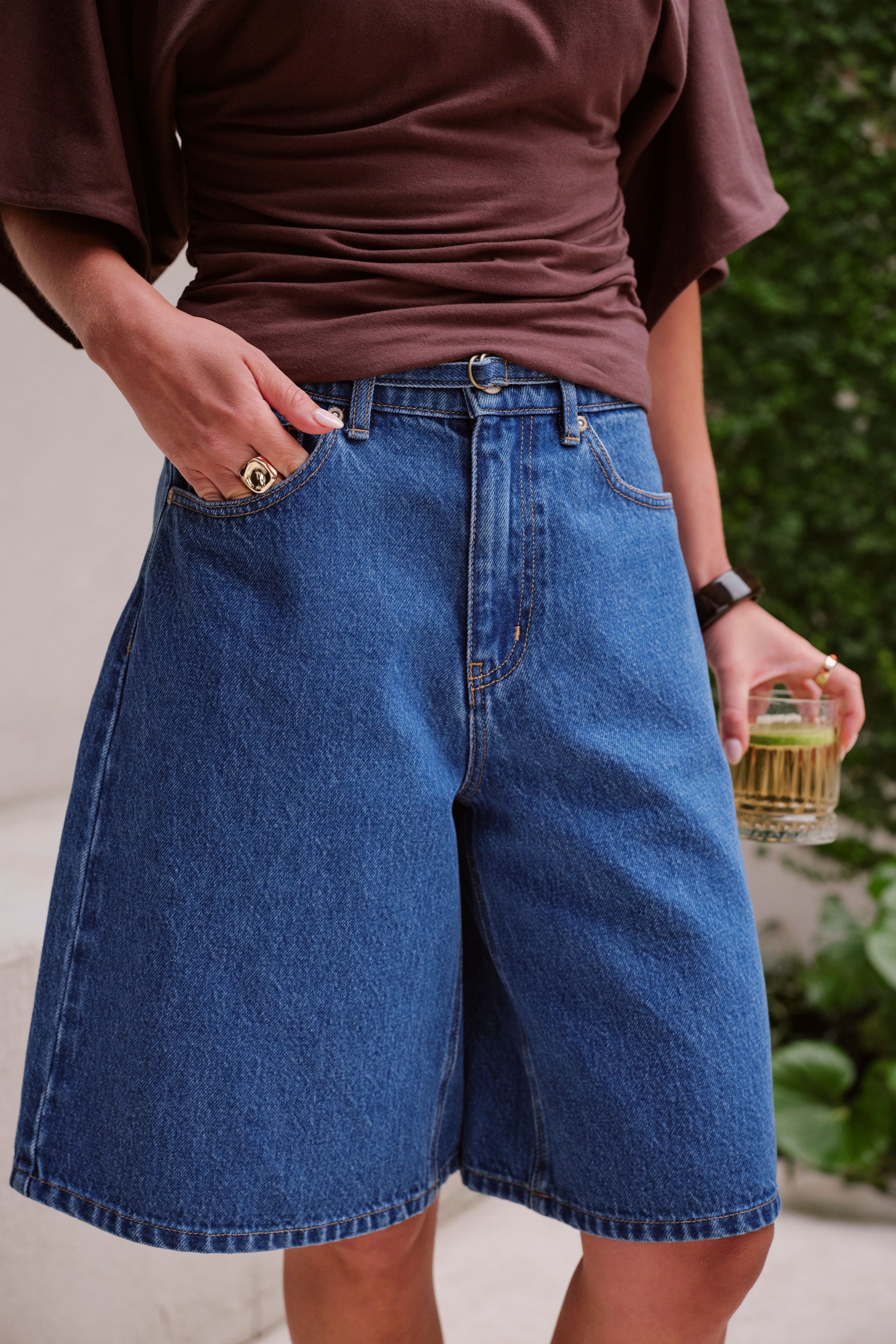 Ceres Life Olive Belted Denim Short in Fresh Indigo, back view