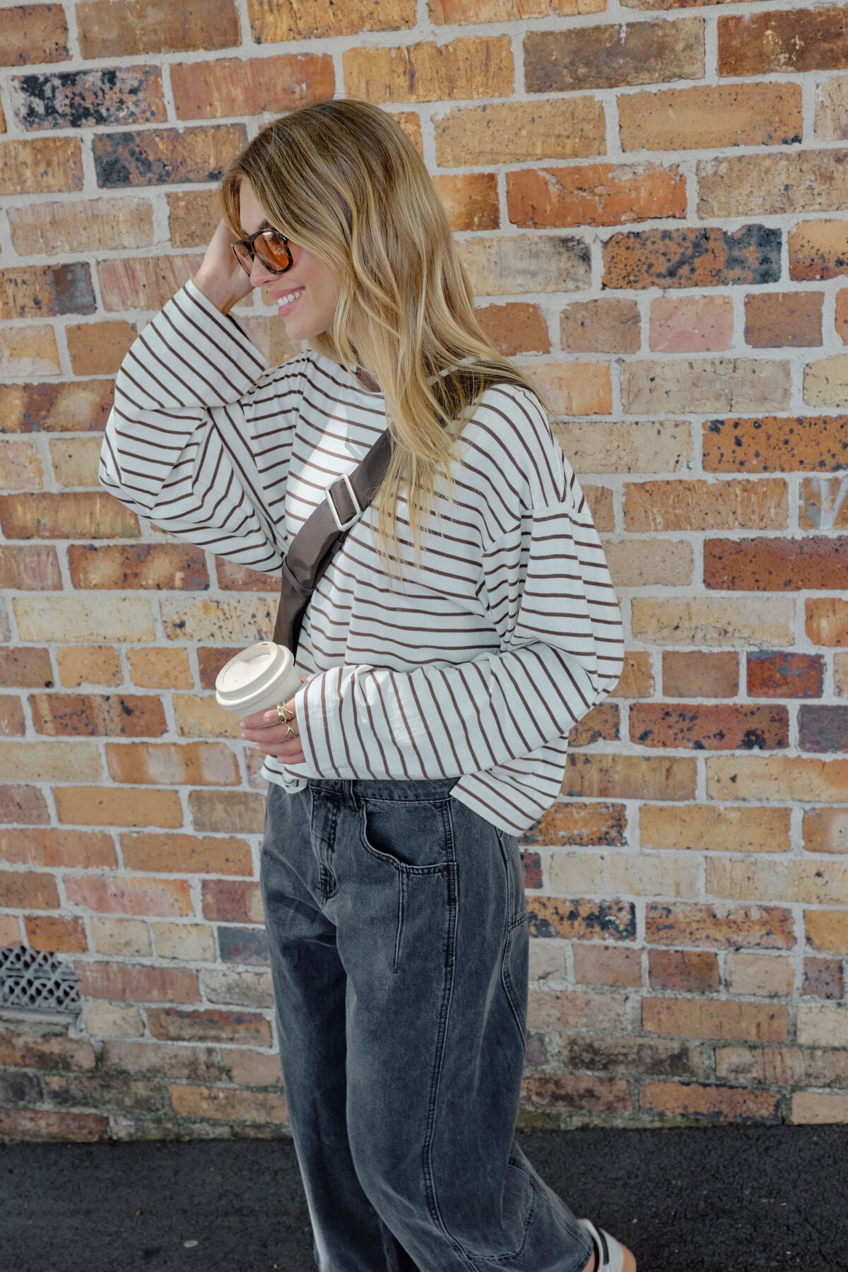 Beau Long Sleeve Slouchy Tee - Milk/brunette brown stripe