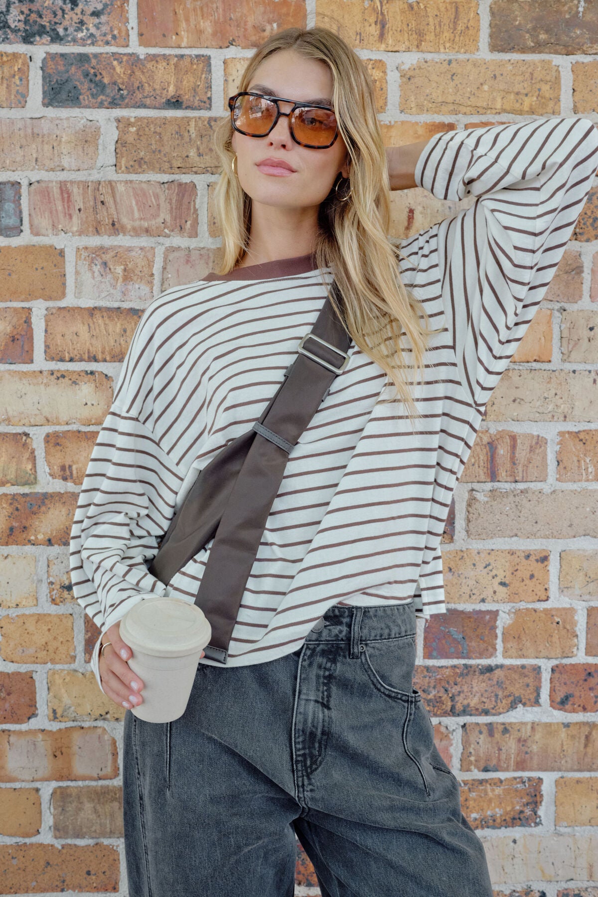 Beau Long Sleeve Slouchy Tee - Milk/brunette brown stripe