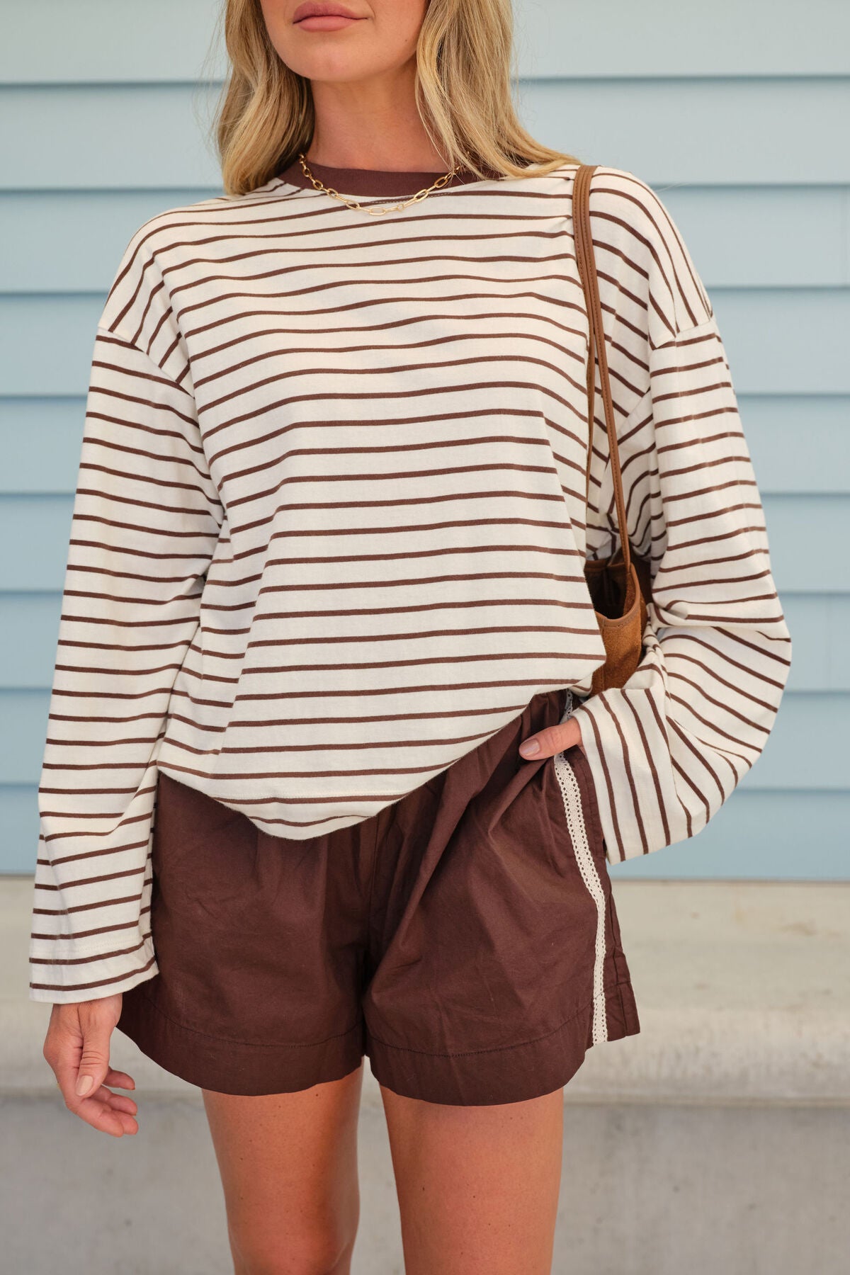 Beau Long Sleeve Slouchy Tee - Milk/brunette brown stripe