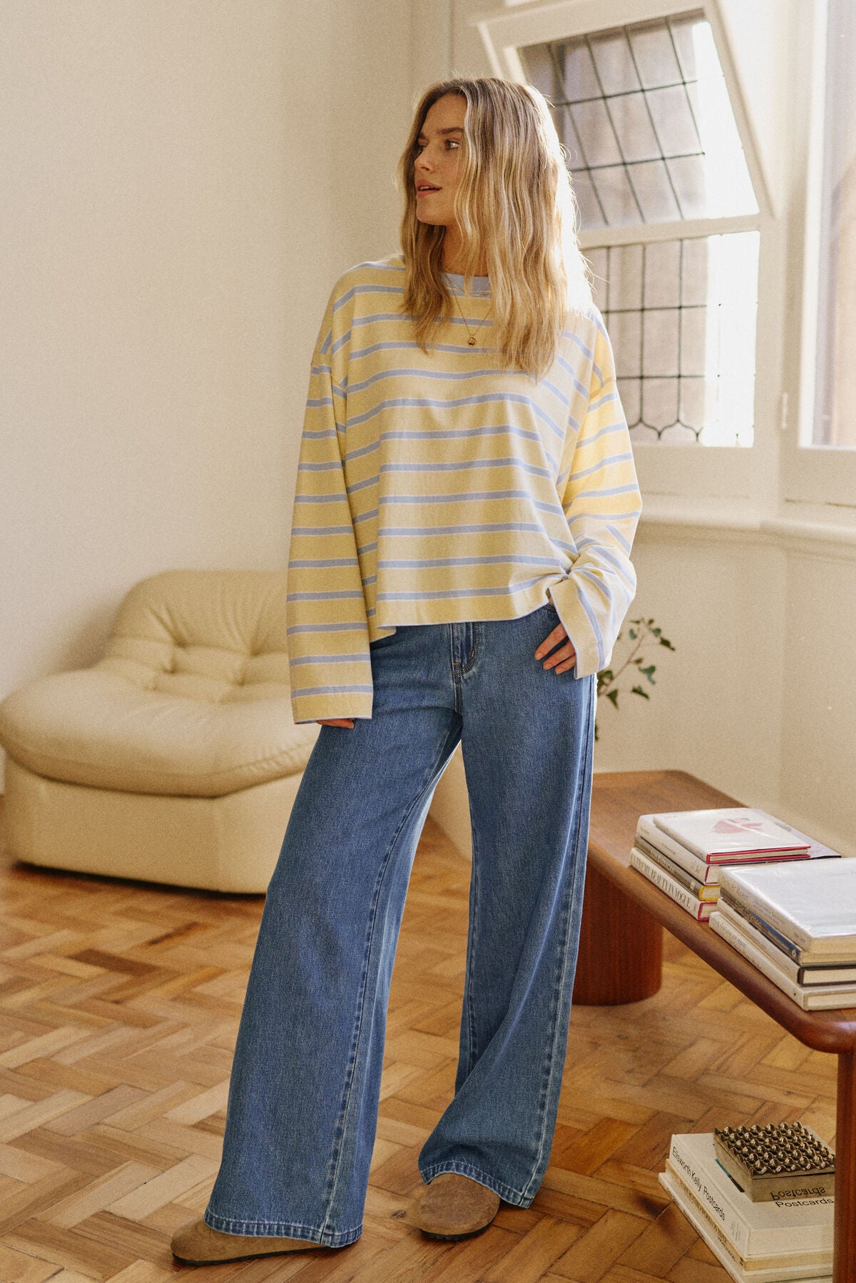 Beau Long Sleeve Slouchy Tee -  Butter/china blue stripe