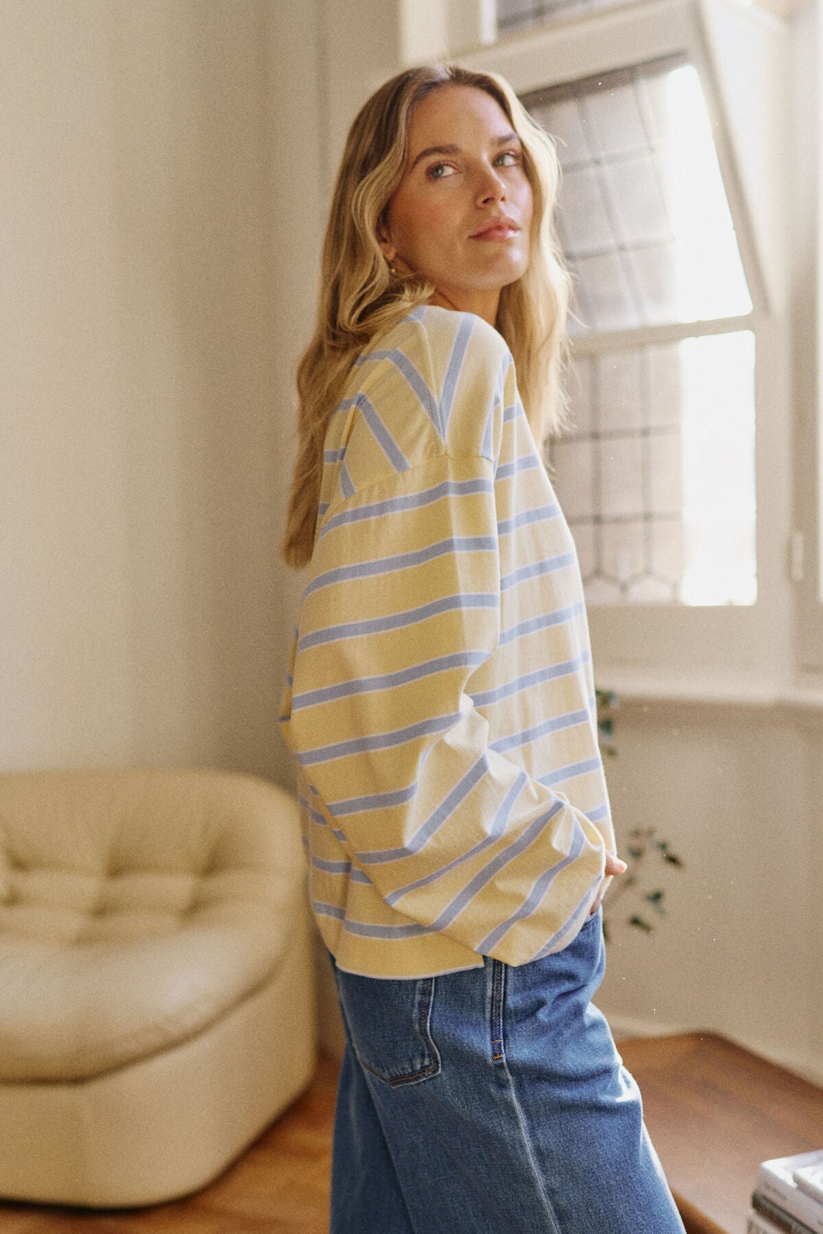 Beau Long Sleeve Slouchy Tee -  Butter/china blue stripe