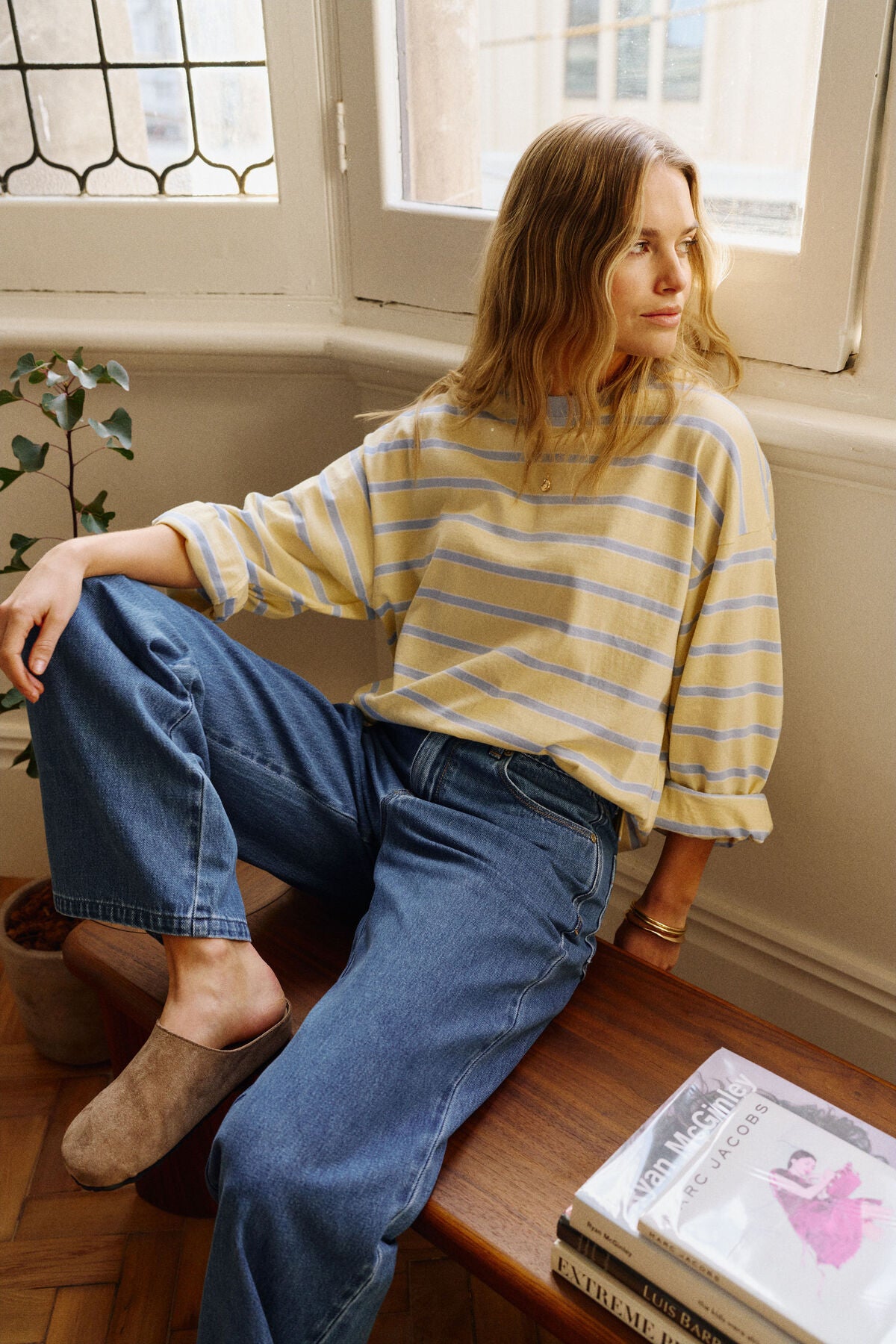 Beau Long Sleeve Slouchy Tee -  Butter/china blue stripe