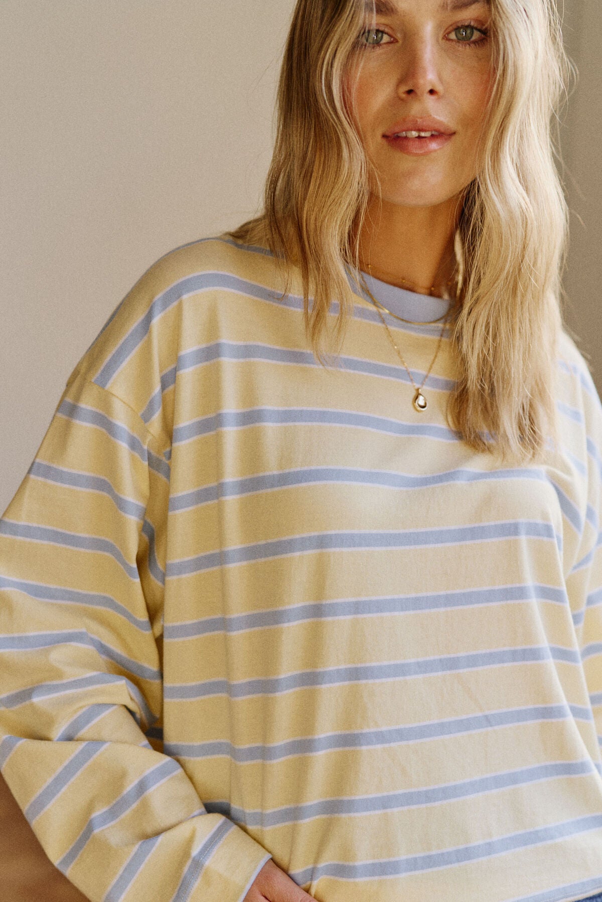 Beau Long Sleeve Slouchy Tee -  Butter/china blue stripe