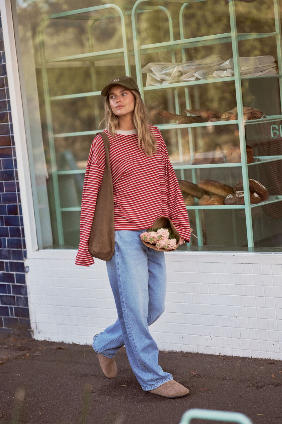 Beau Long Sleeve Slouchy Tee -   Mulberry/red/stone stripe