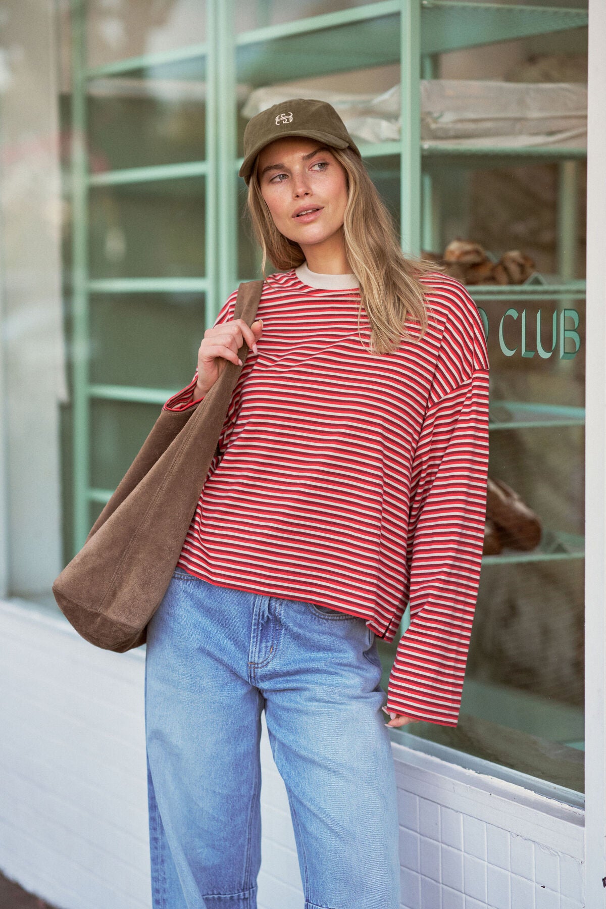 Beau Long Sleeve Slouchy Tee -   Mulberry/red/stone stripe