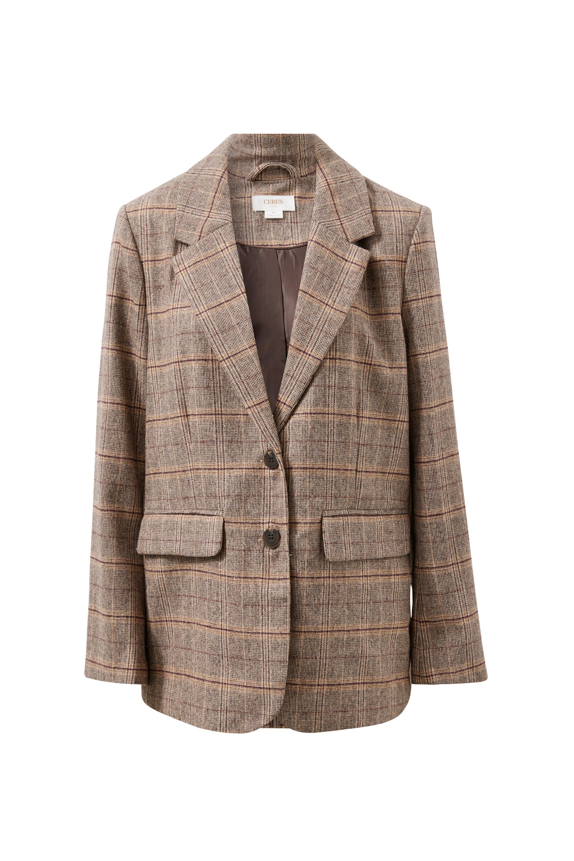 Ceres Life Joni Blazer in Brown Check, tailored fit with shoulder pads