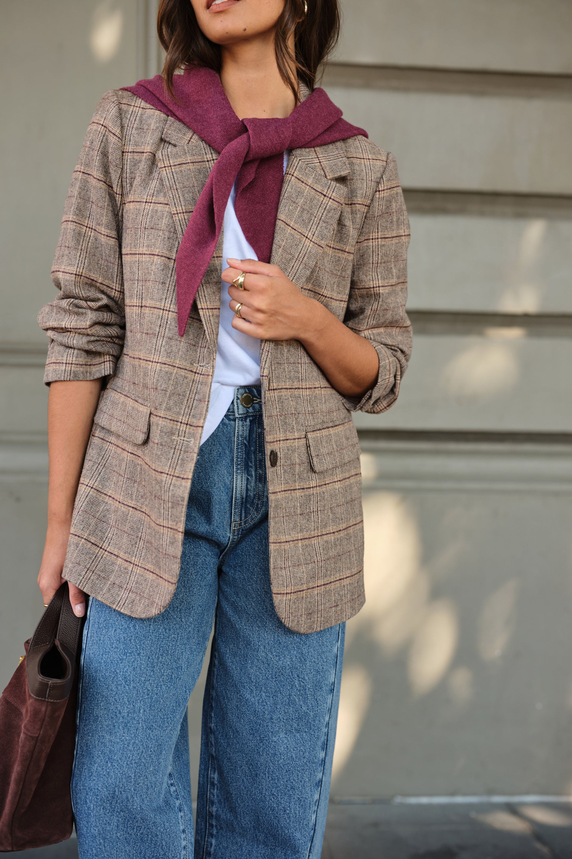 Ceres Life Joni Blazer in Brown Check wool blend, front view